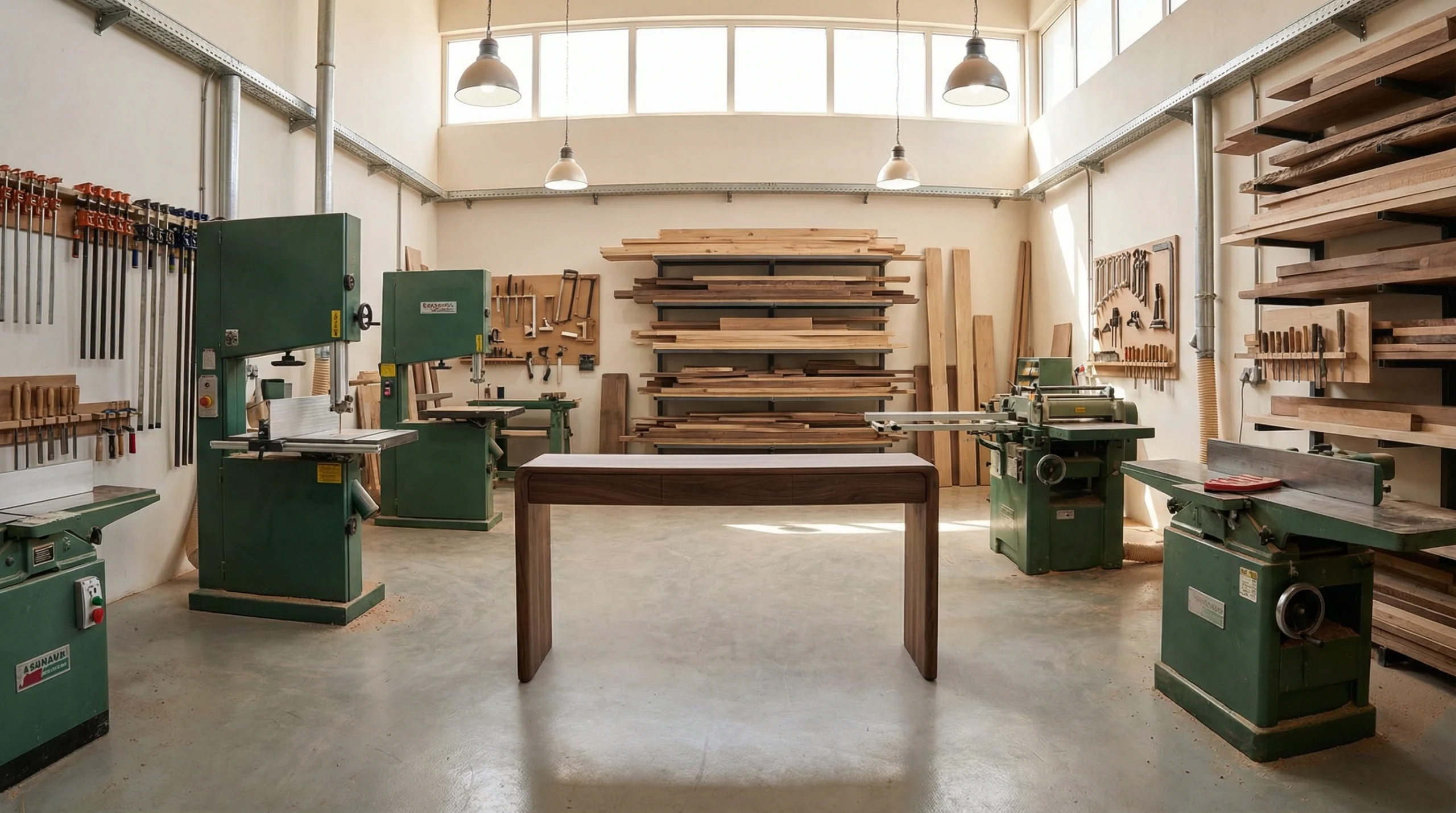 Senior Karnak Carpentry craftsman with completed custom console table in the Dubai workshop