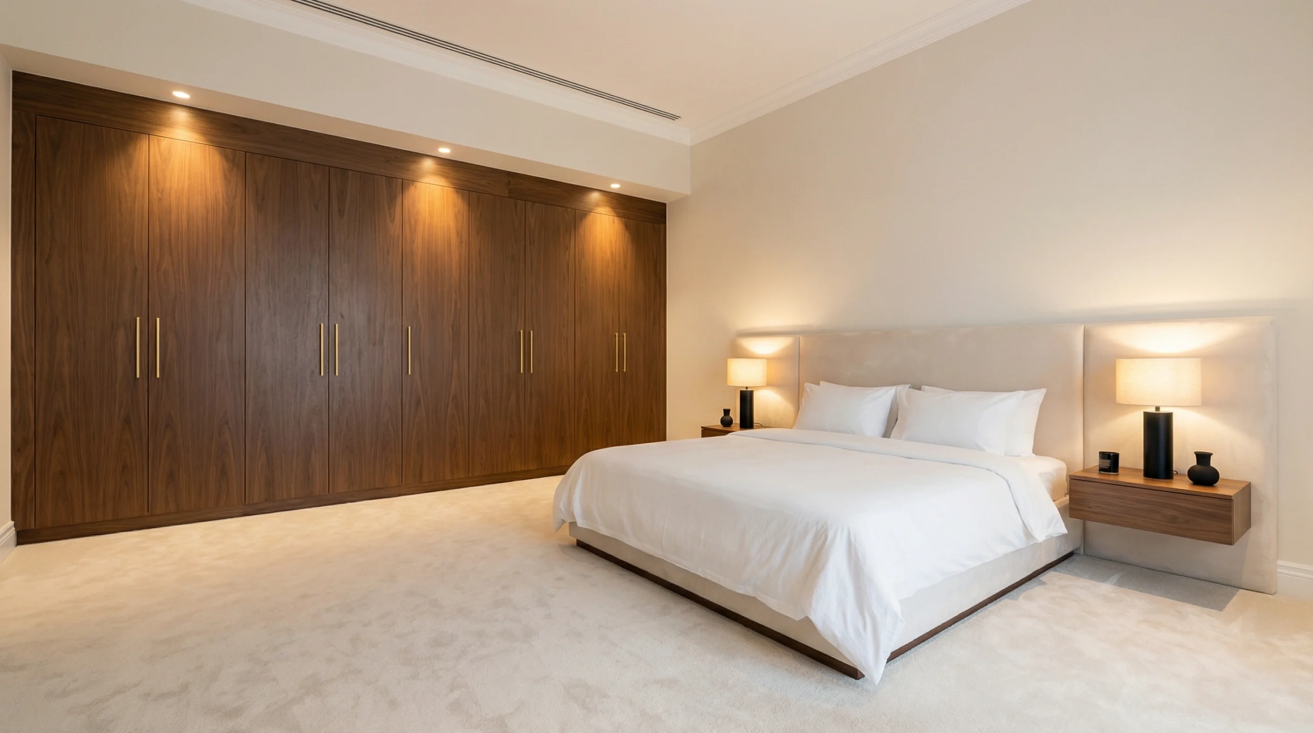 Custom master bedroom furniture suite Emirates Hills Dubai villa — walnut fitted wardrobe and bespoke bed by Karnak Carpentry