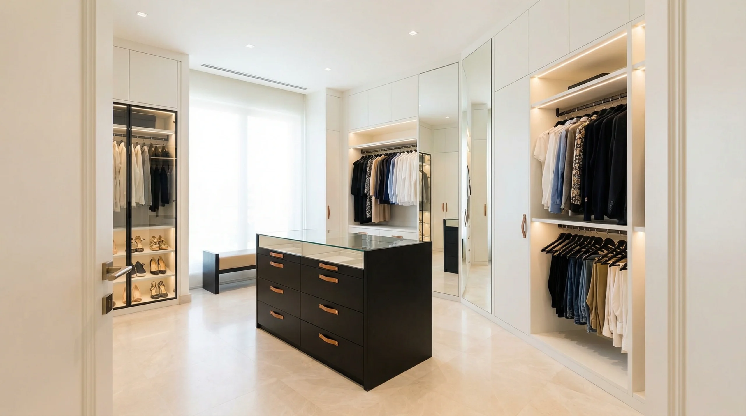 Custom walk-in wardrobe Palm Jumeirah Dubai villa — luxury dressing room design by Karnak Carpentry