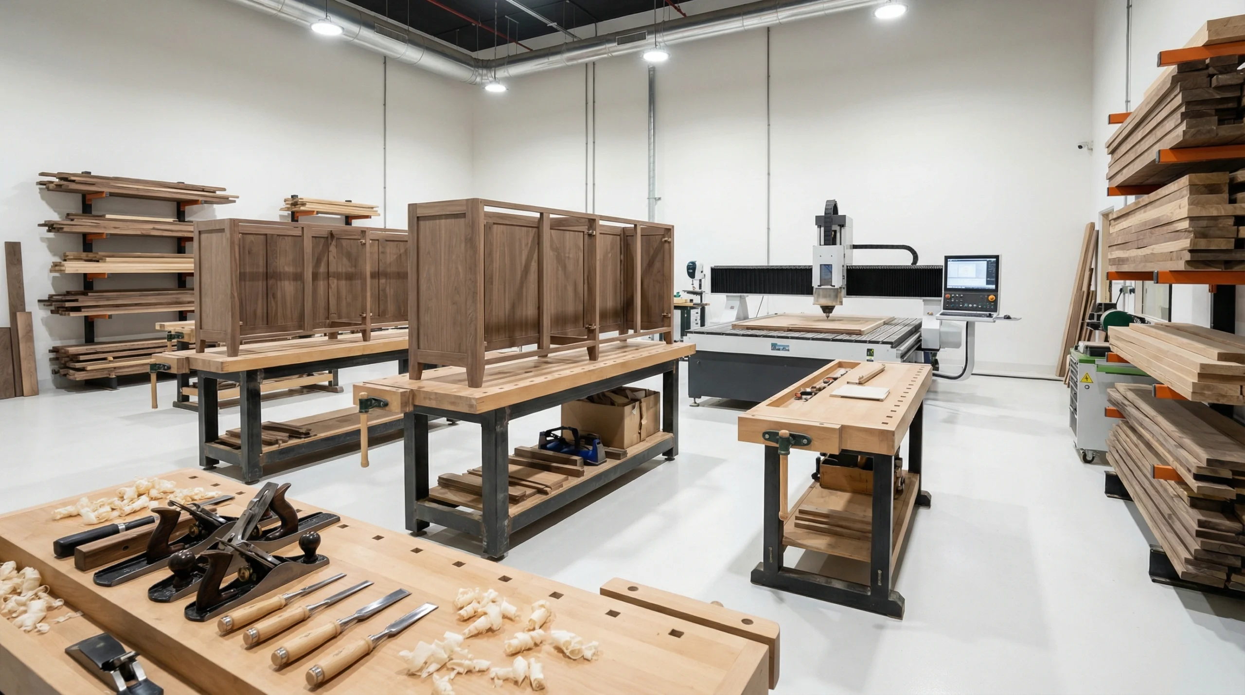 Professional carpentry workshop in Dubai crafting custom dining cabinets with modern equipment