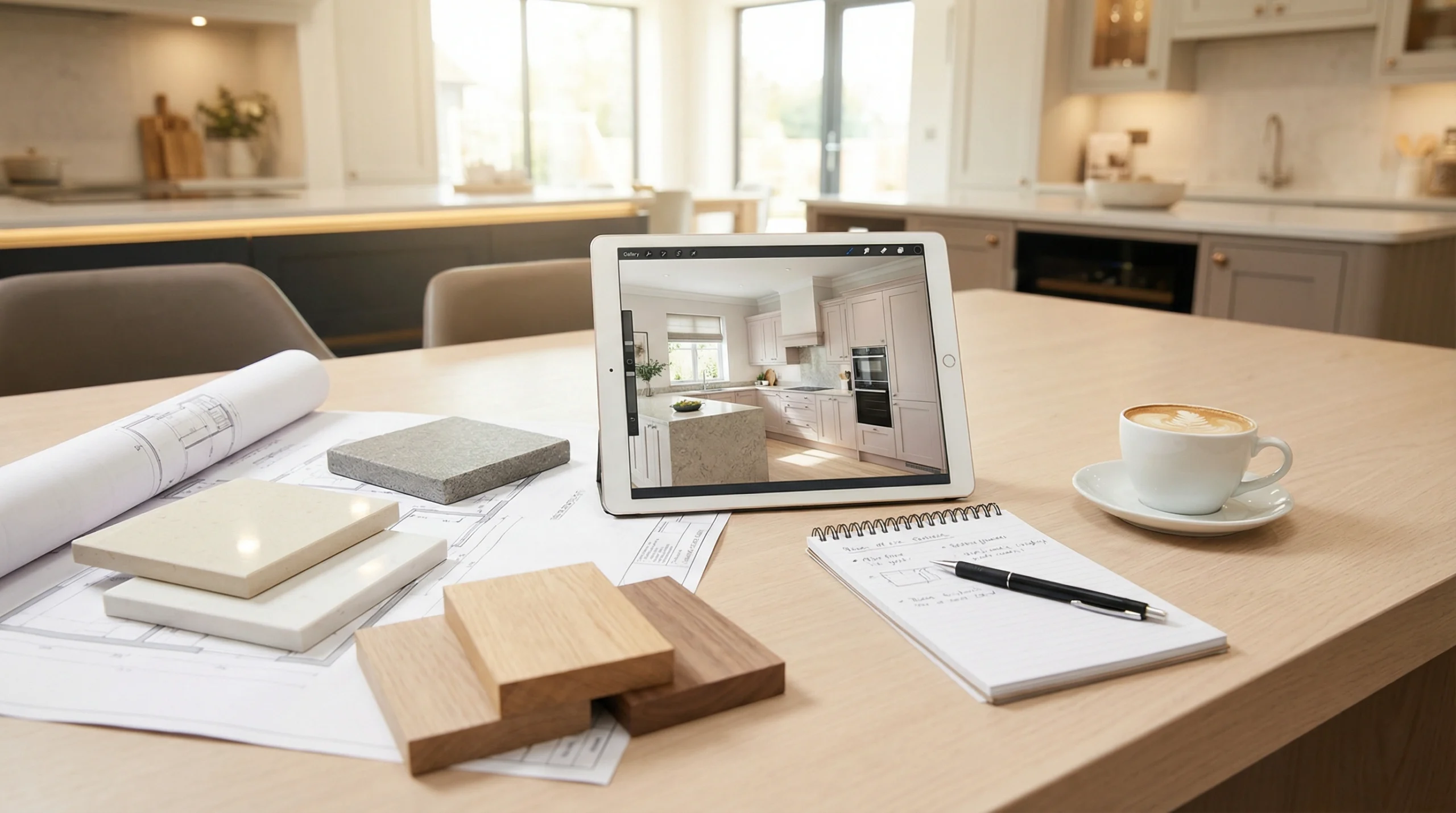 Kitchen cabinet design consultation with clients reviewing plans and materials