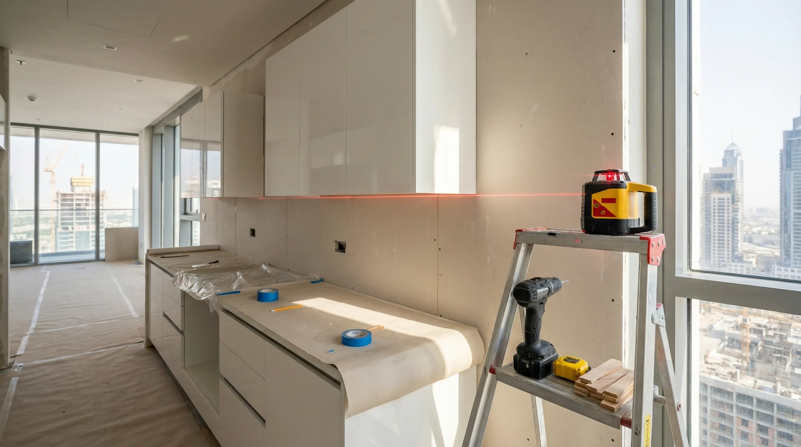 Expert kitchen cabinet installation team working in Dubai home