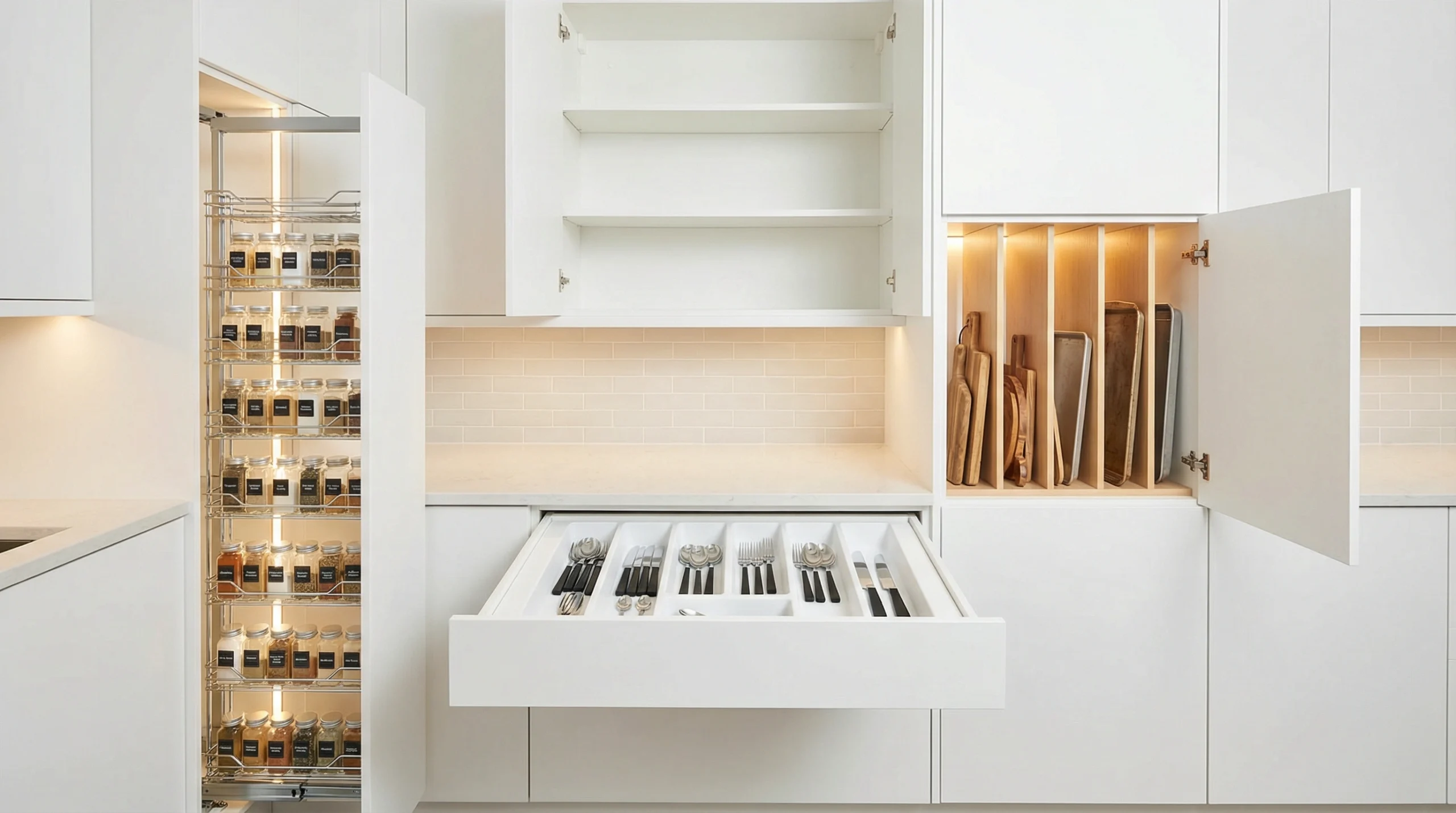 Custom kitchen cabinet storage solutions with pull-out organizers and drawer systems