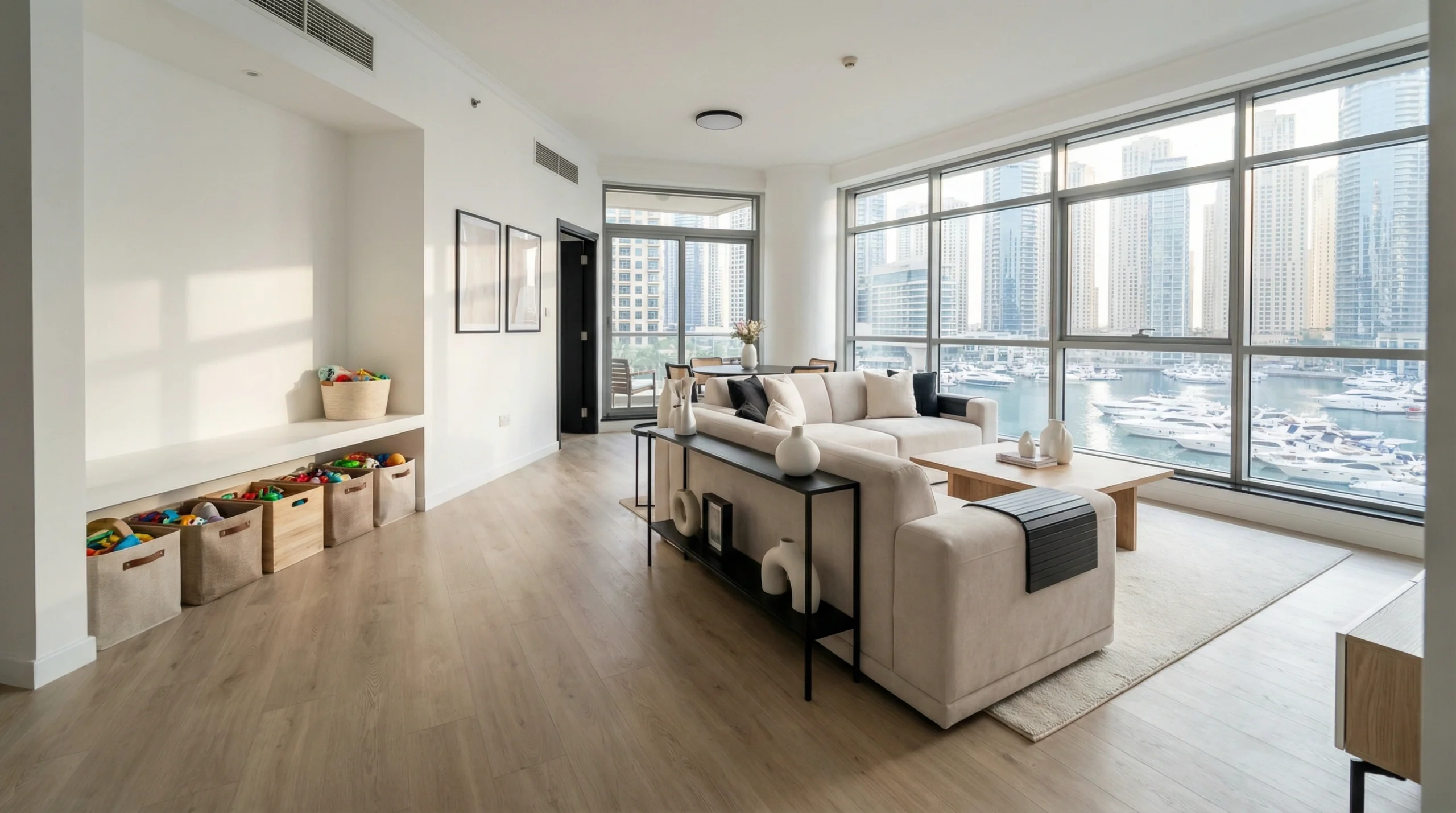 Laminate flooring installation in Dubai Marina apartment family living area