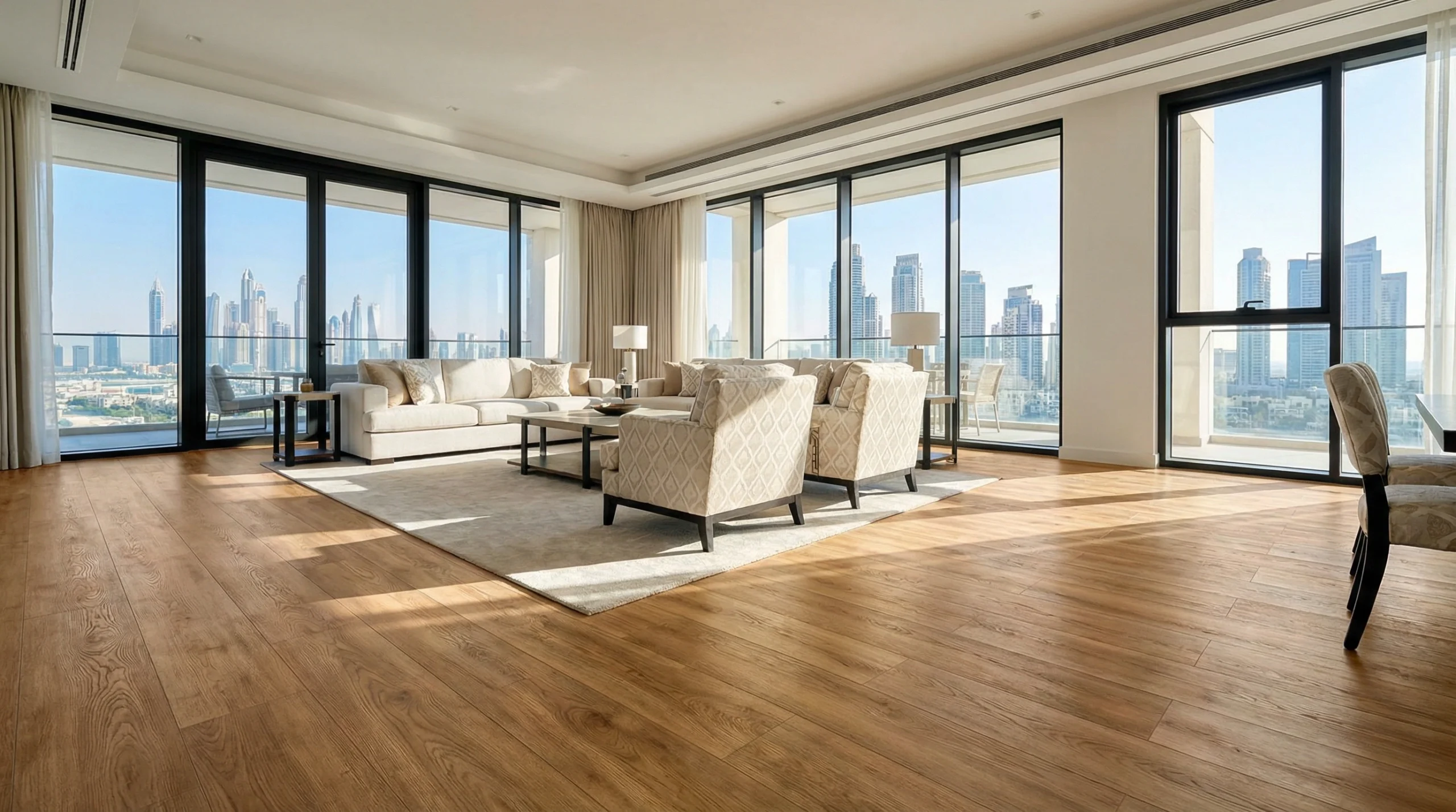 Premium laminate flooring installation in luxury Dubai villa living room