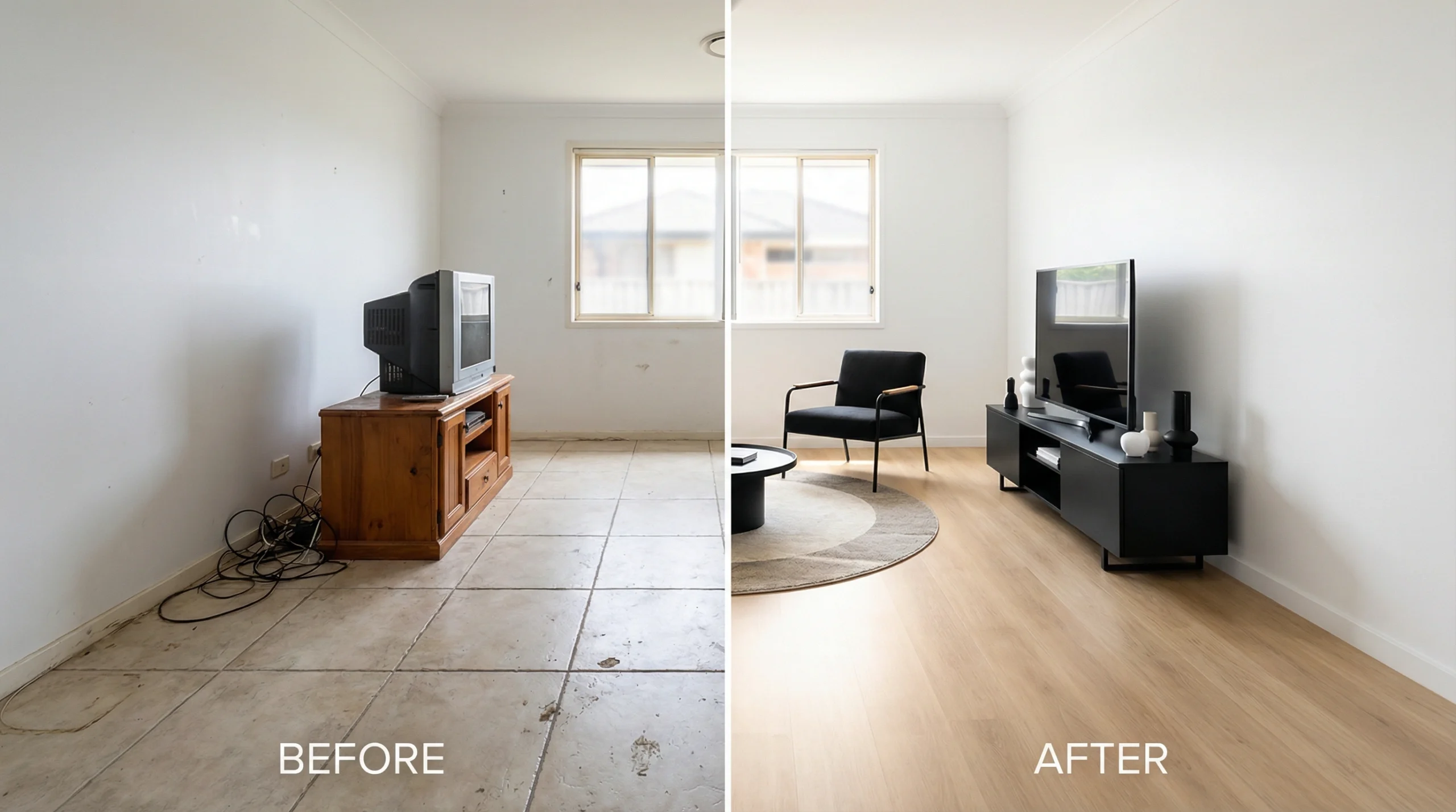 Dramatic before and after laminate flooring installation transformation Dubai