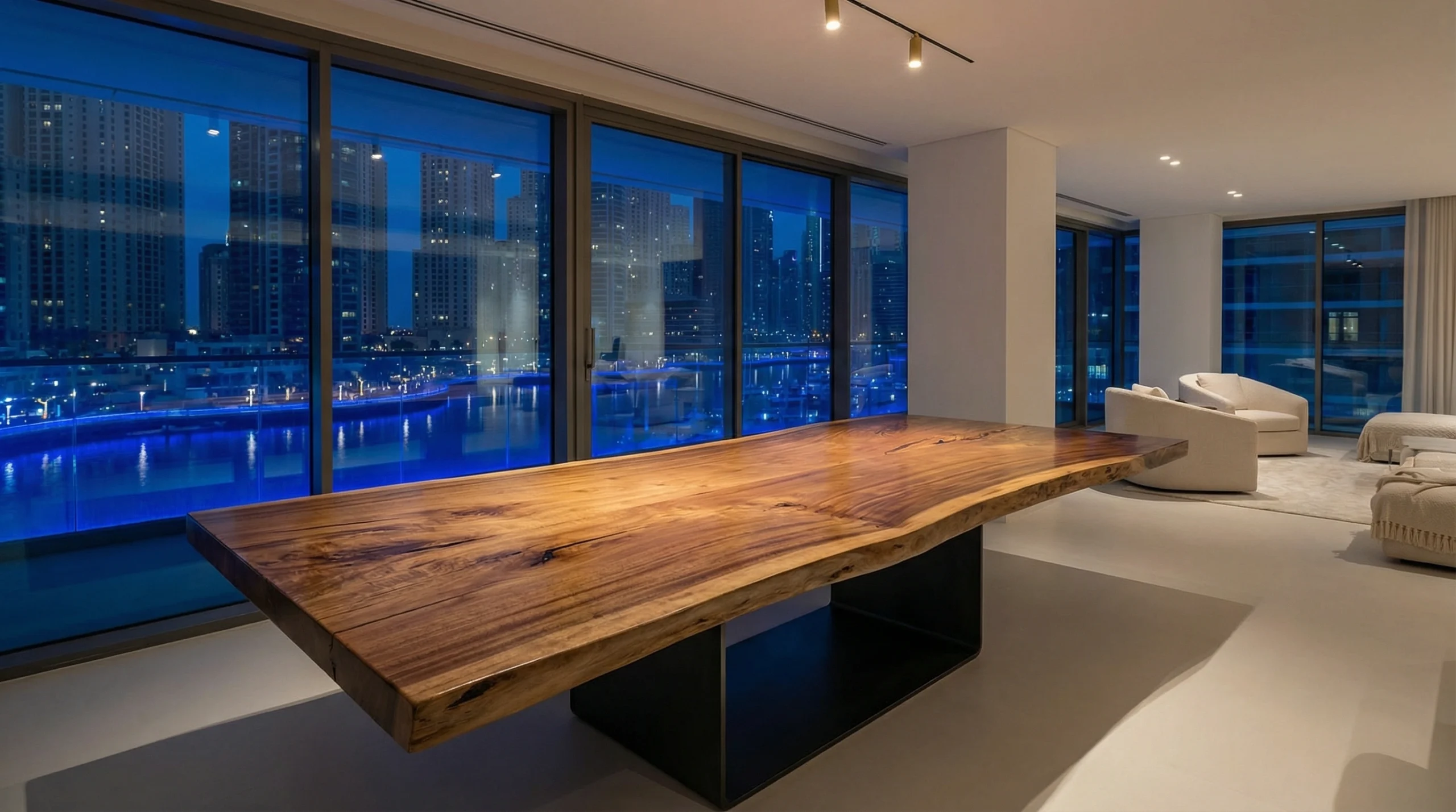 Custom live edge walnut dining table Dubai Marina luxury penthouse