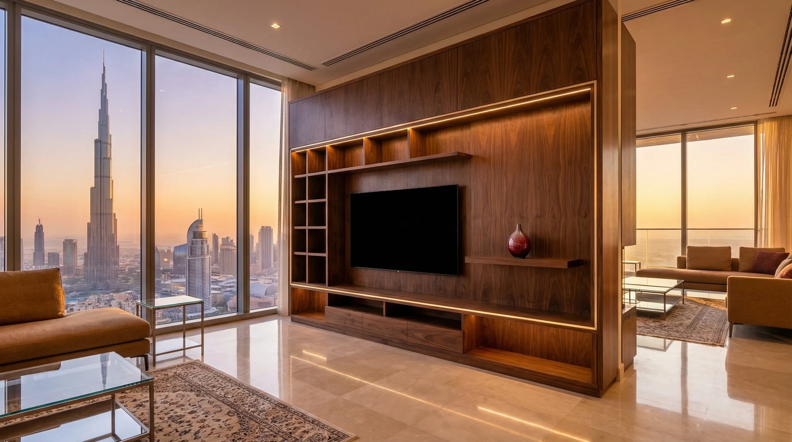 Custom living room carpentry Dubai with built-in TV unit and shelving