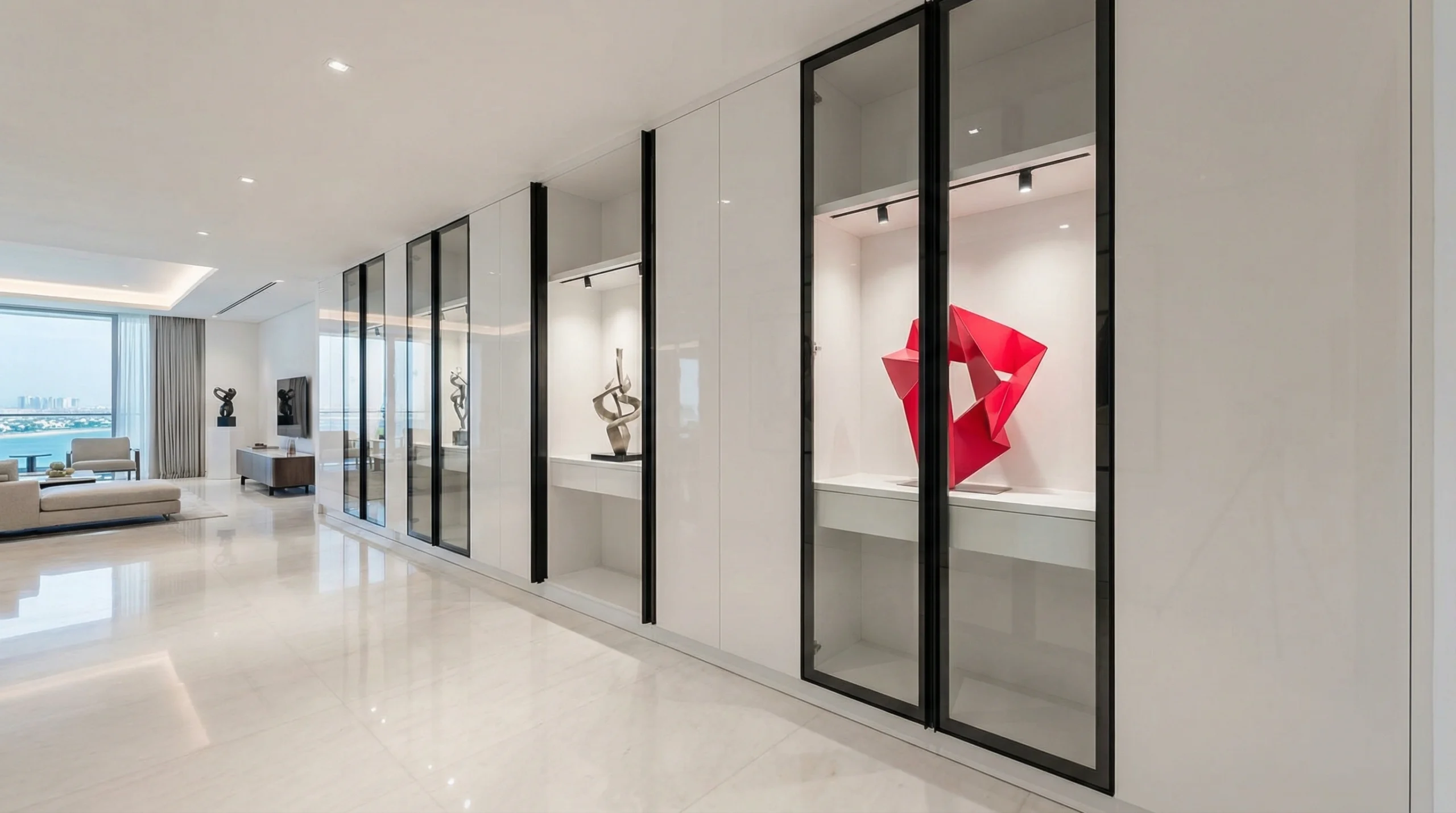 Custom art display carpentry living room Palm Jumeirah Dubai