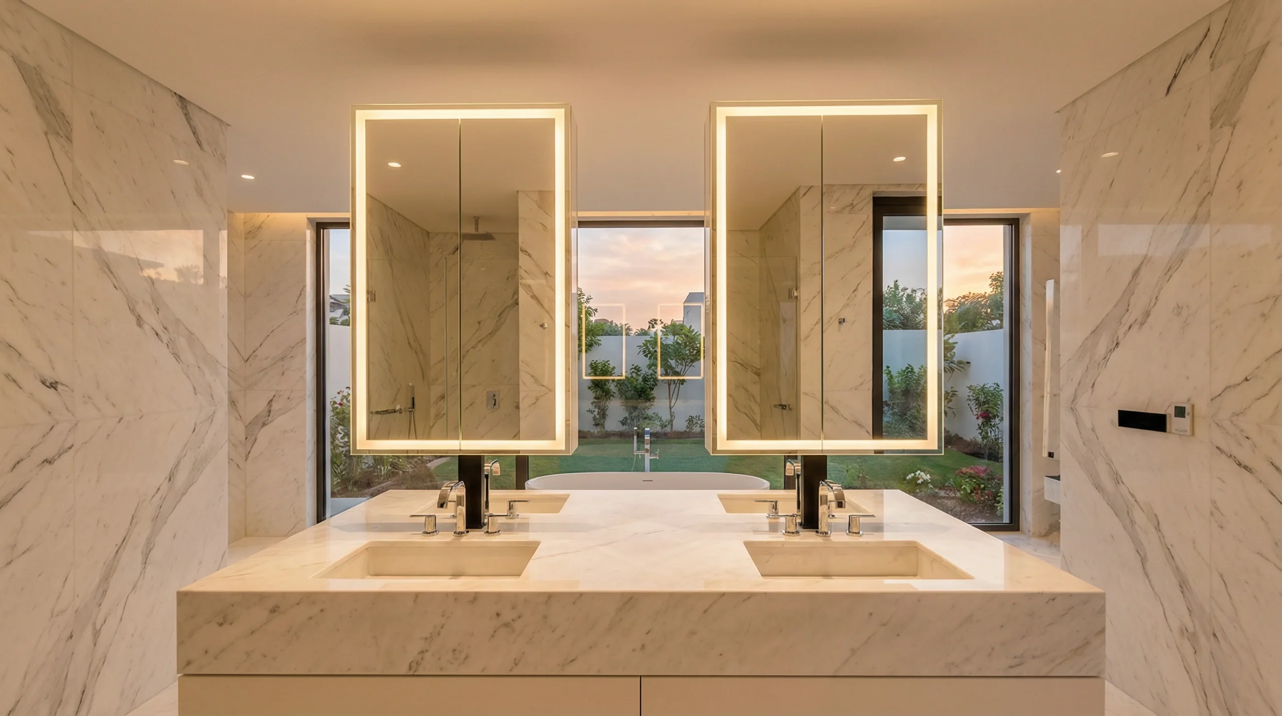 Custom luxury mirror cabinets dual vanity Emirates Hills Dubai villa