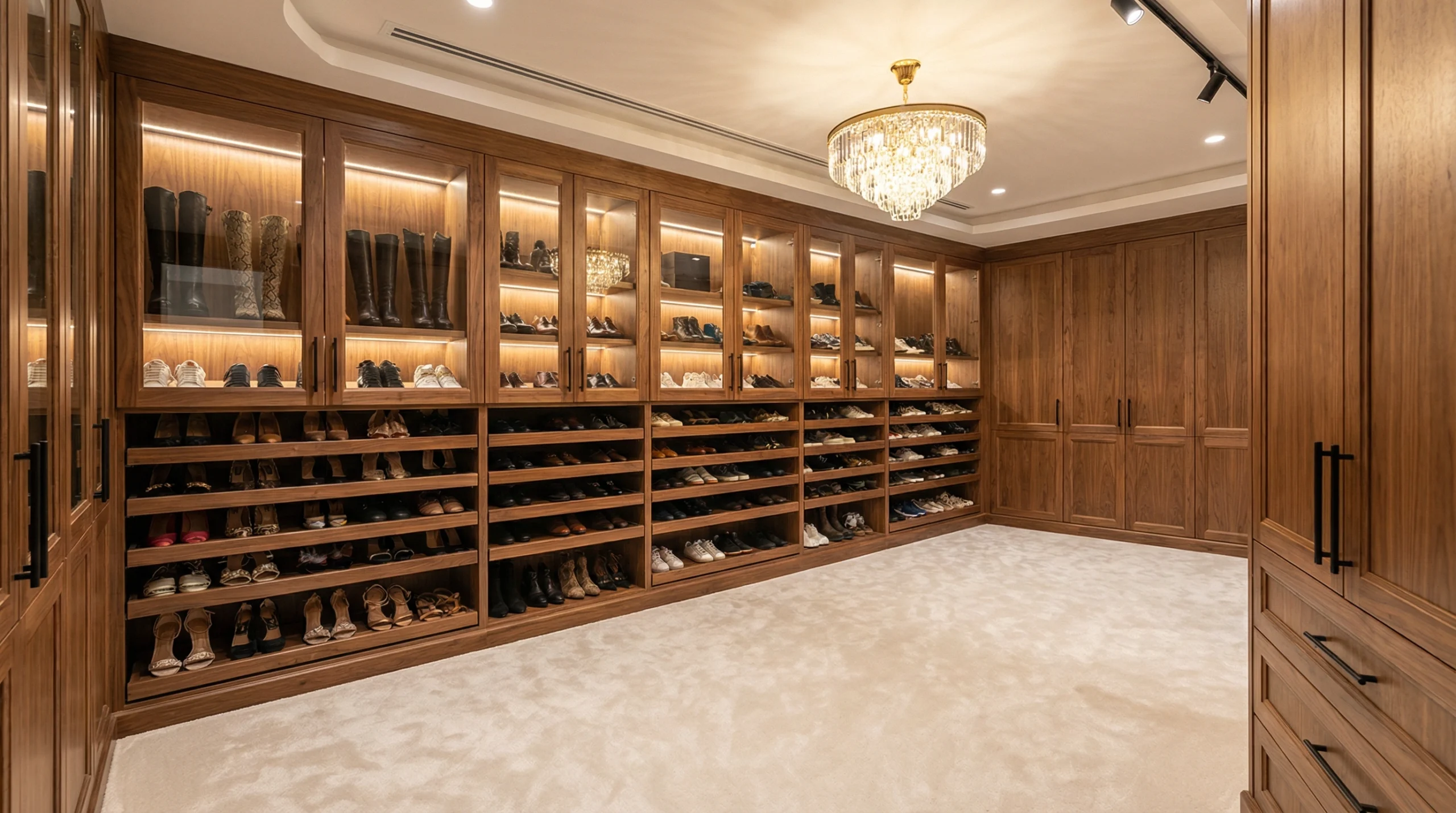 Luxury walk-in closet shoe storage Emirates Hills Dubai with designer display