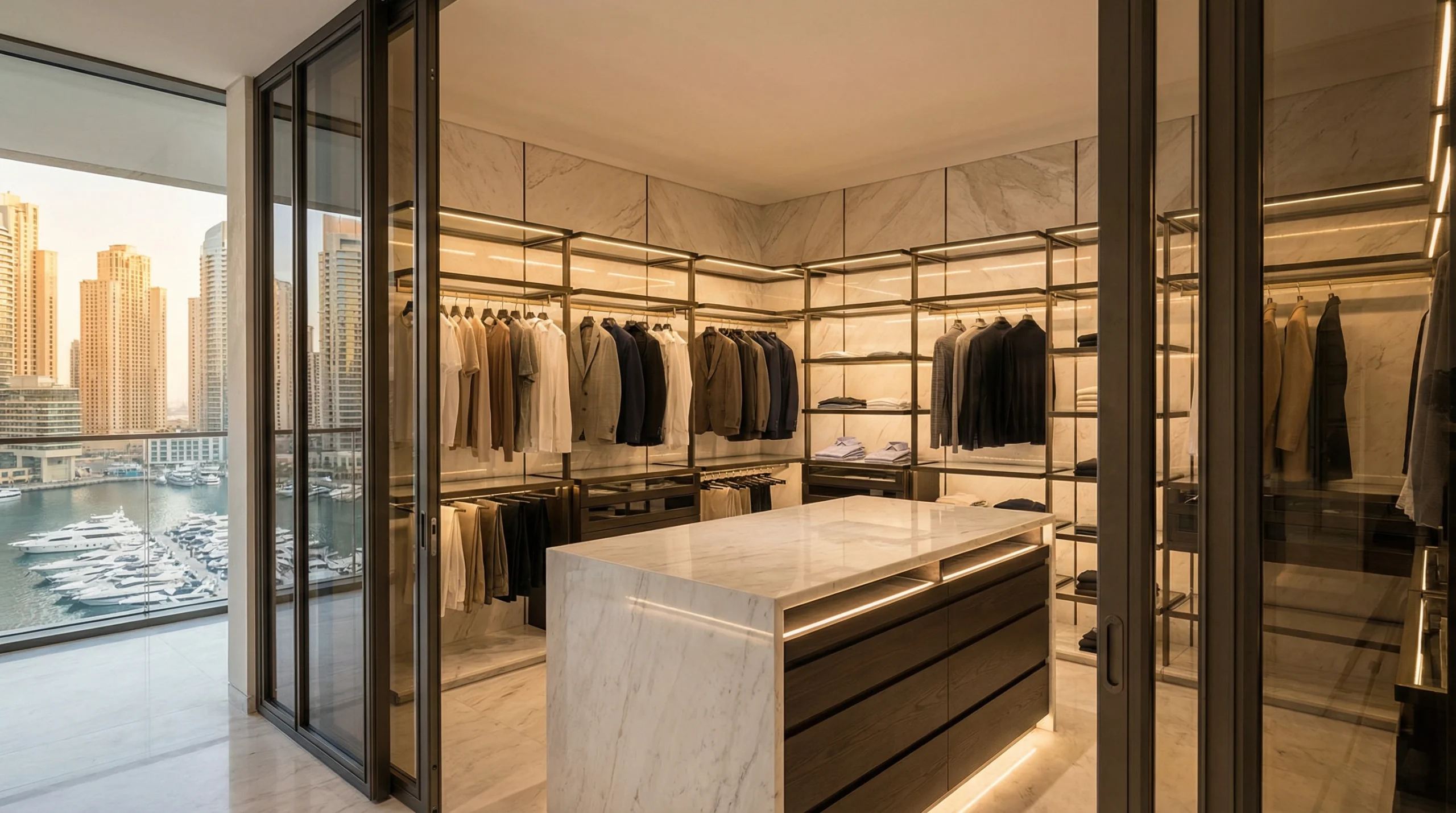 Luxury walk-in wardrobe Dubai Marina penthouse with island storage and marina views