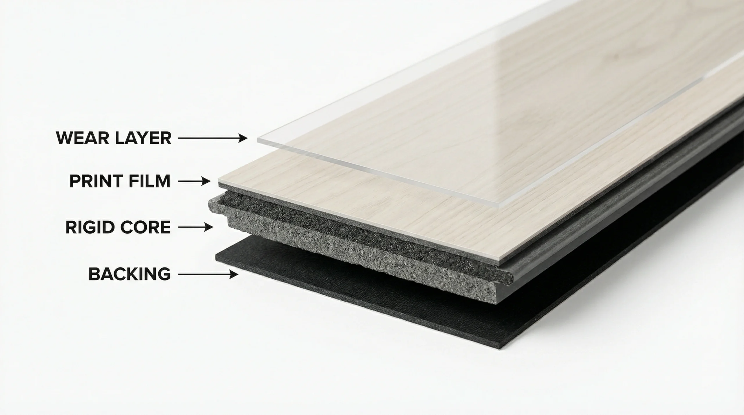 LVT flooring construction showing wear layer, design film, rigid core and backing layers