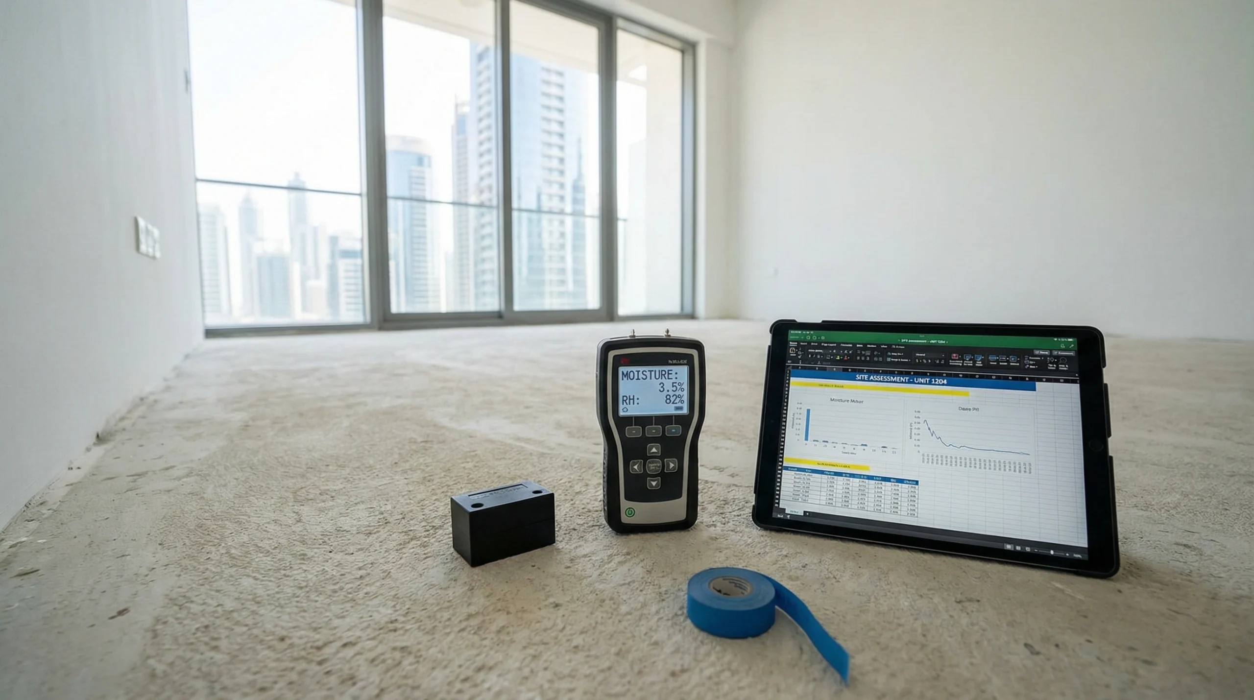 LVT flooring installation in Dubai measuring moisture and substrate conditions