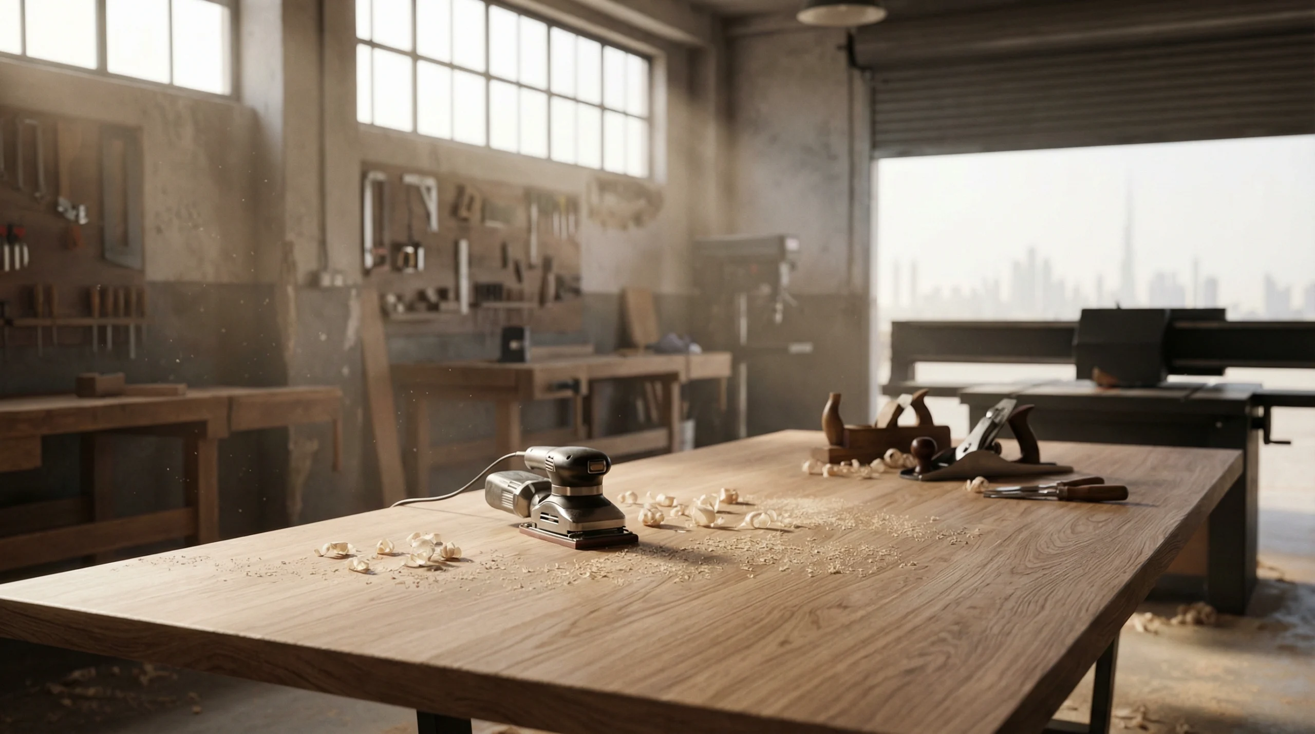 Expert craftsman handcrafting custom dining table at Karnak Carpentry workshop Dubai