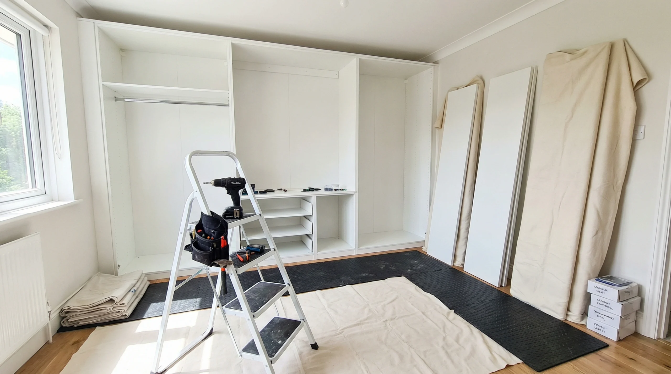 Professional wardrobe installation team at work in Dubai bedroom by Karnak Carpentry