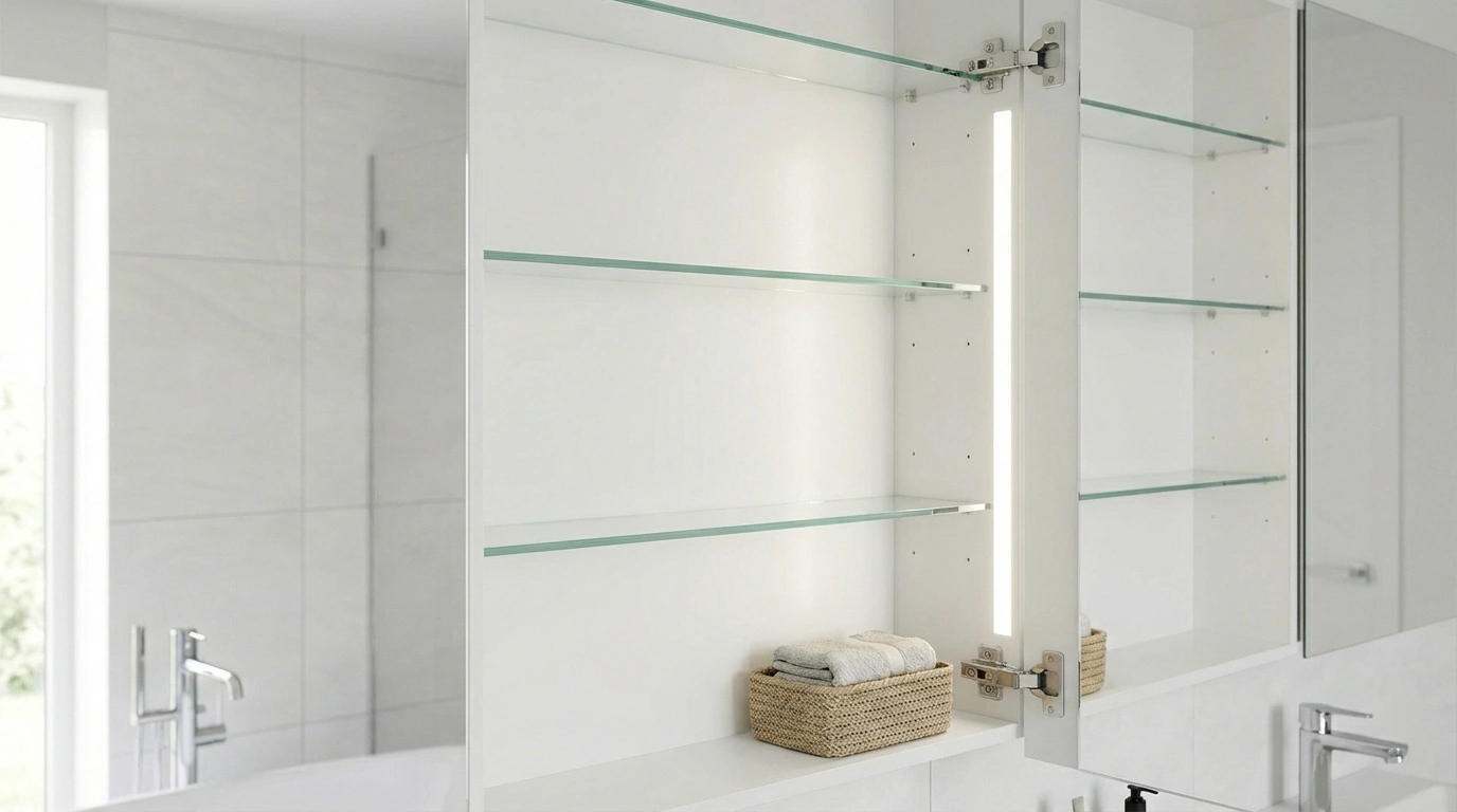 Mirror cabinet interior storage with adjustable shelving and LED lighting Dubai