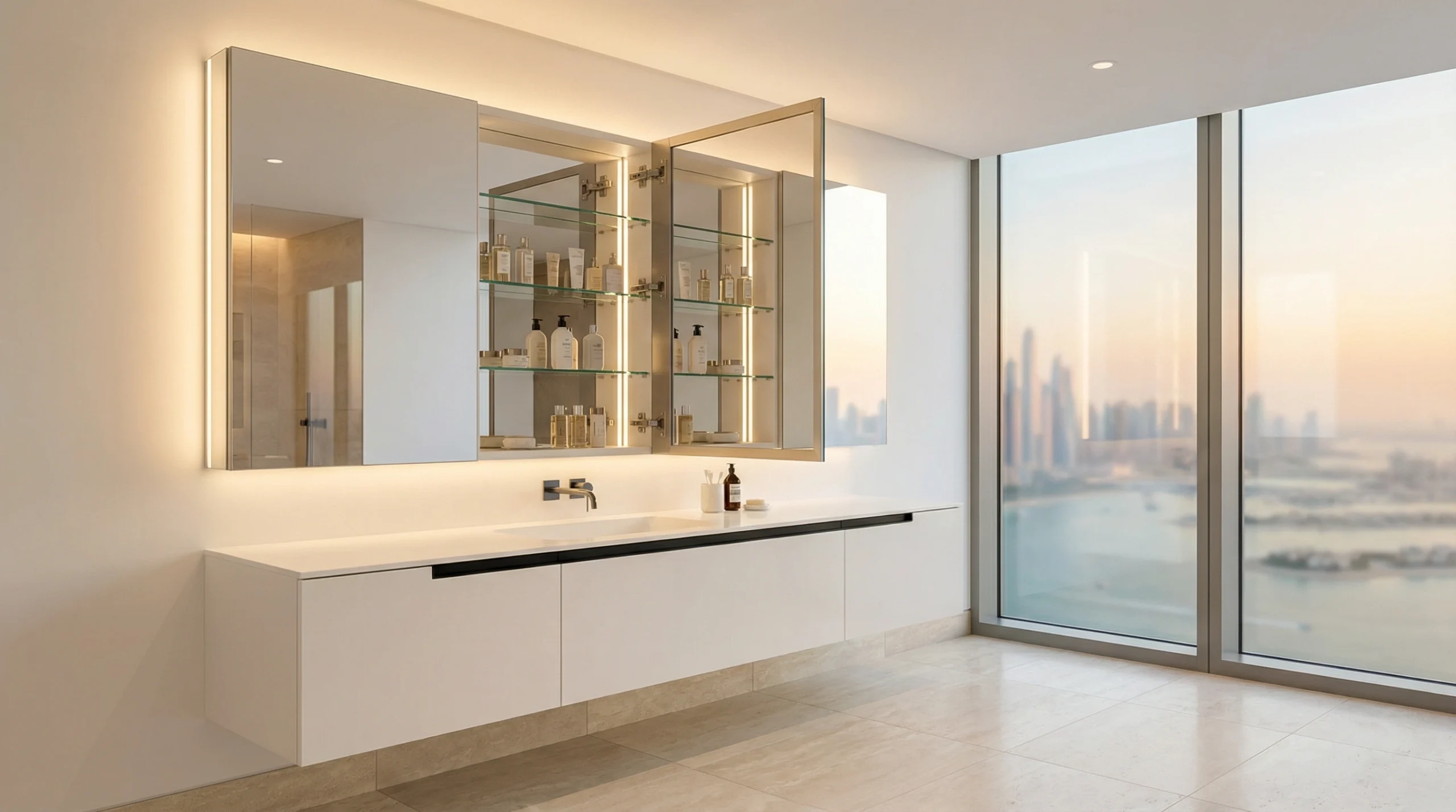Custom mirror cabinets Dubai with LED lighting and premium storage