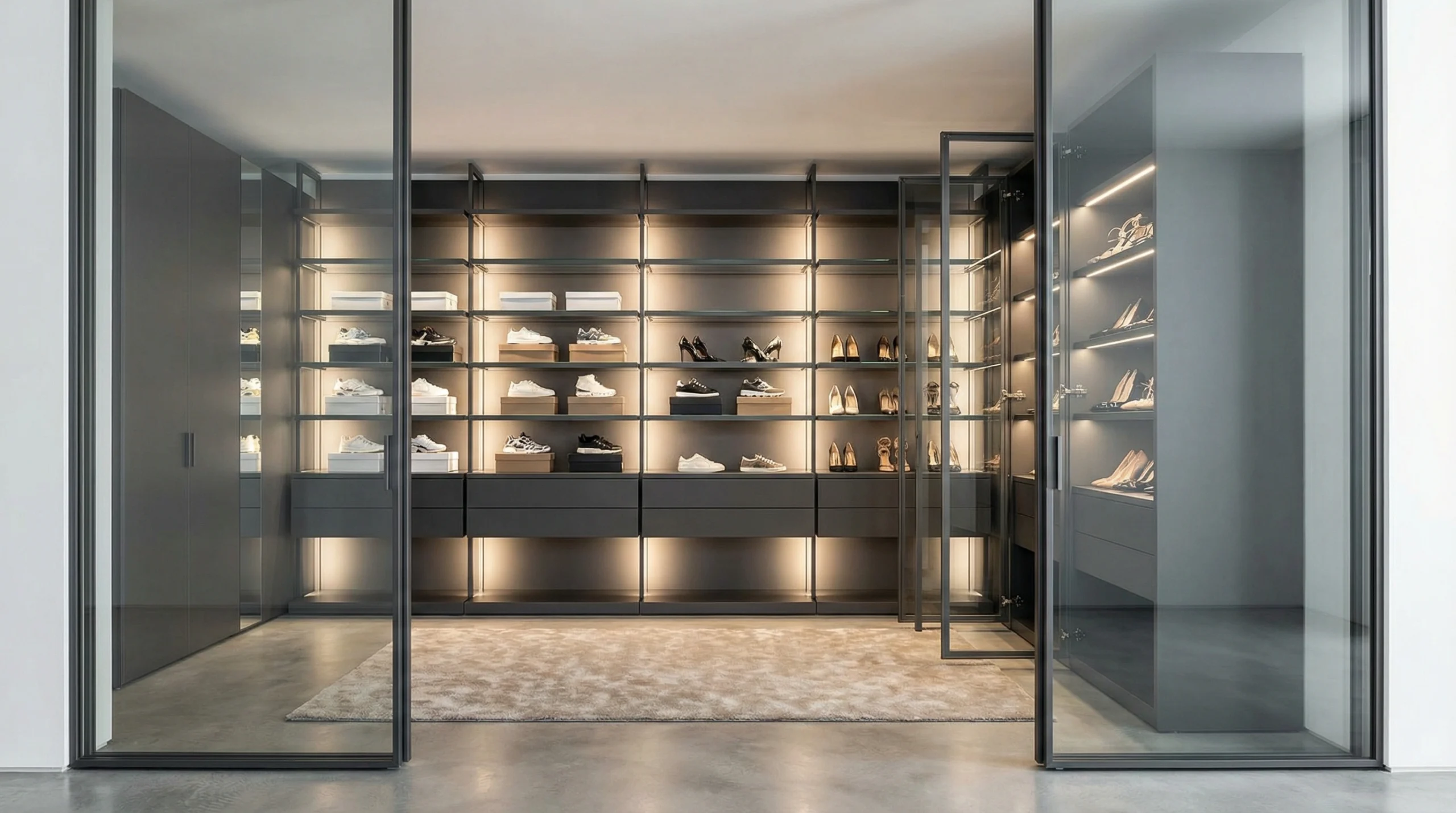 A custom modular shoe storage system in a luxury walk-in closet, featuring adjustable glass shelving, LED backlighting, and an expandable design for growing footwear collections.