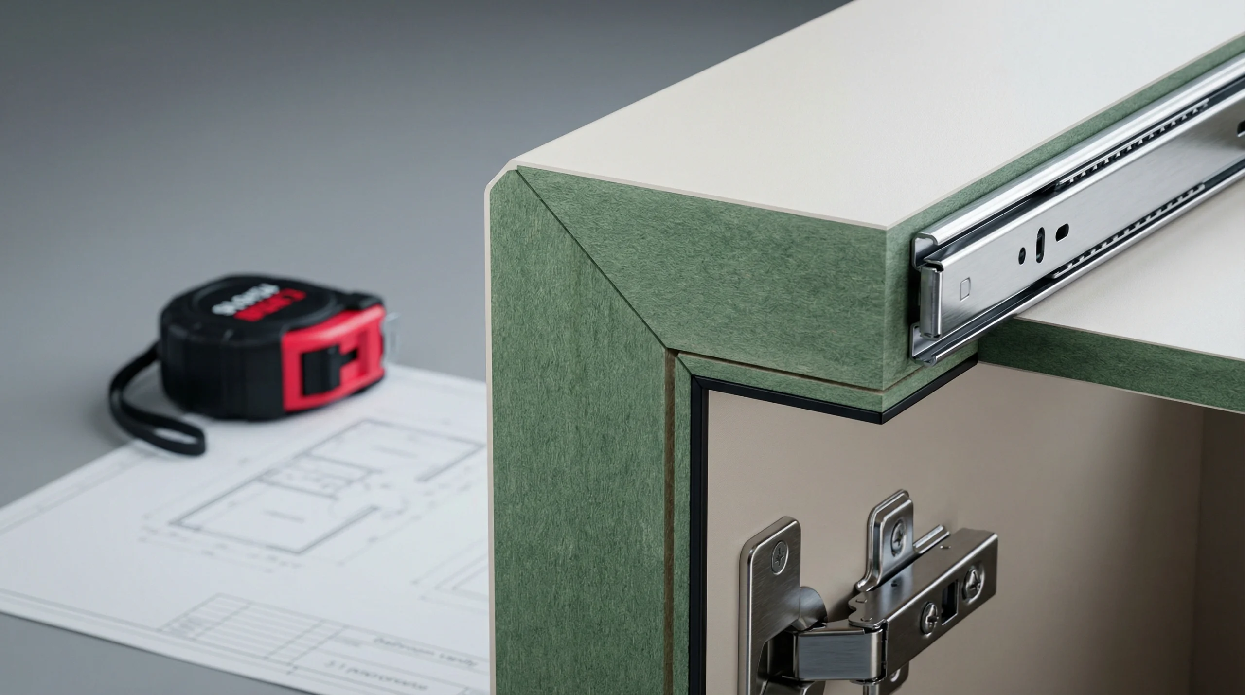 Moisture-resistant bathroom cabinet construction detail showing waterproof materials