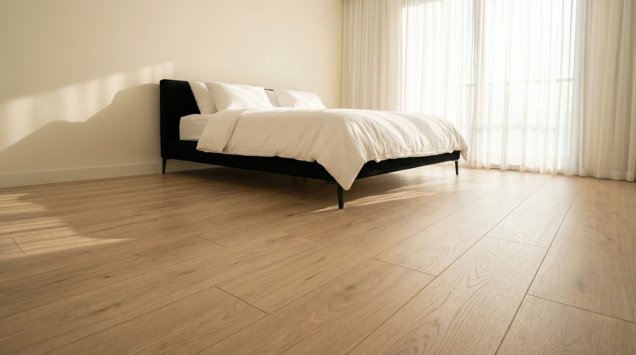 Wide plank oak laminate wood flooring in Dubai luxury bedroom