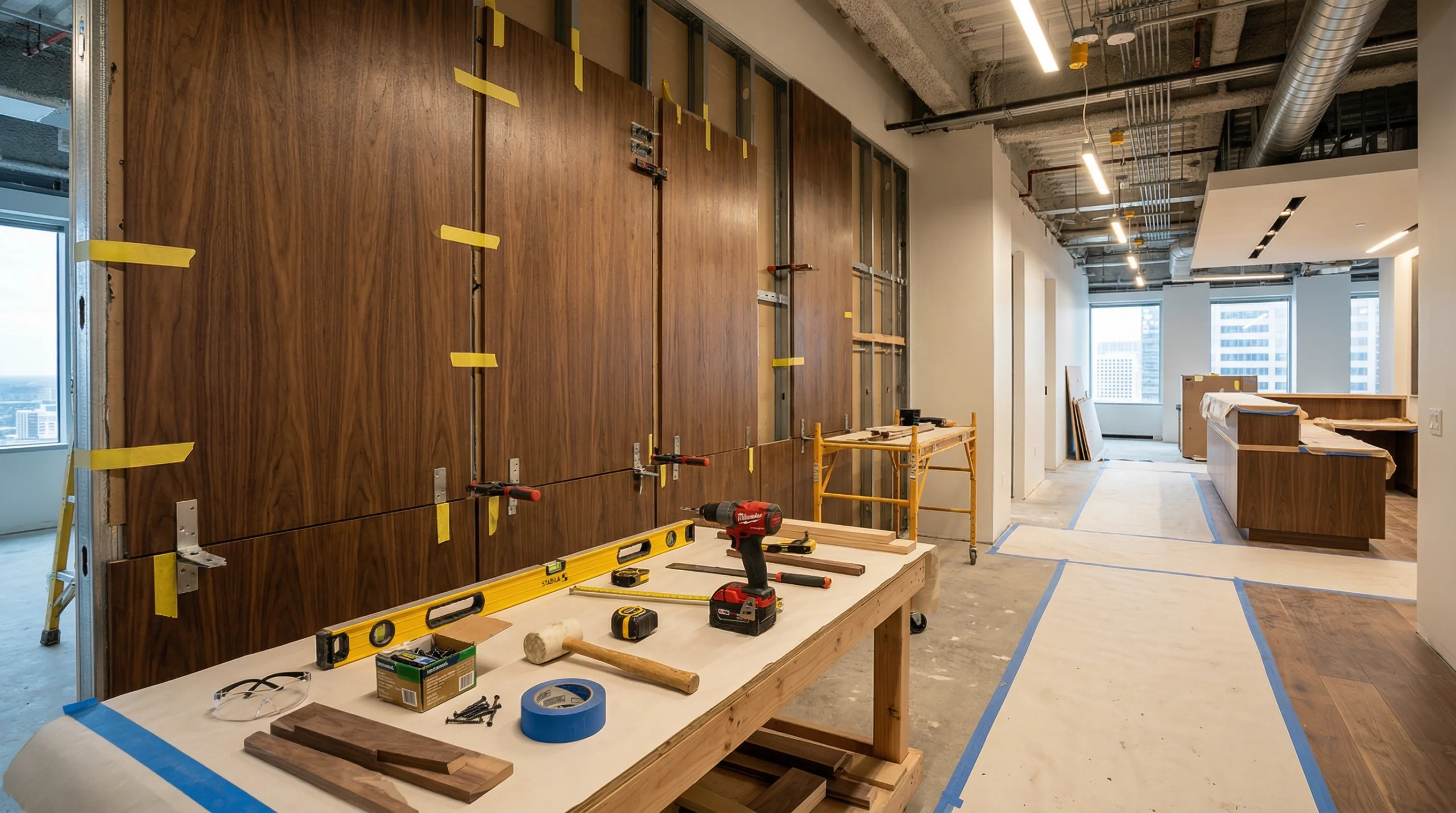 Karnak Carpentry team installing office fit-out joinery in Dubai commercial project