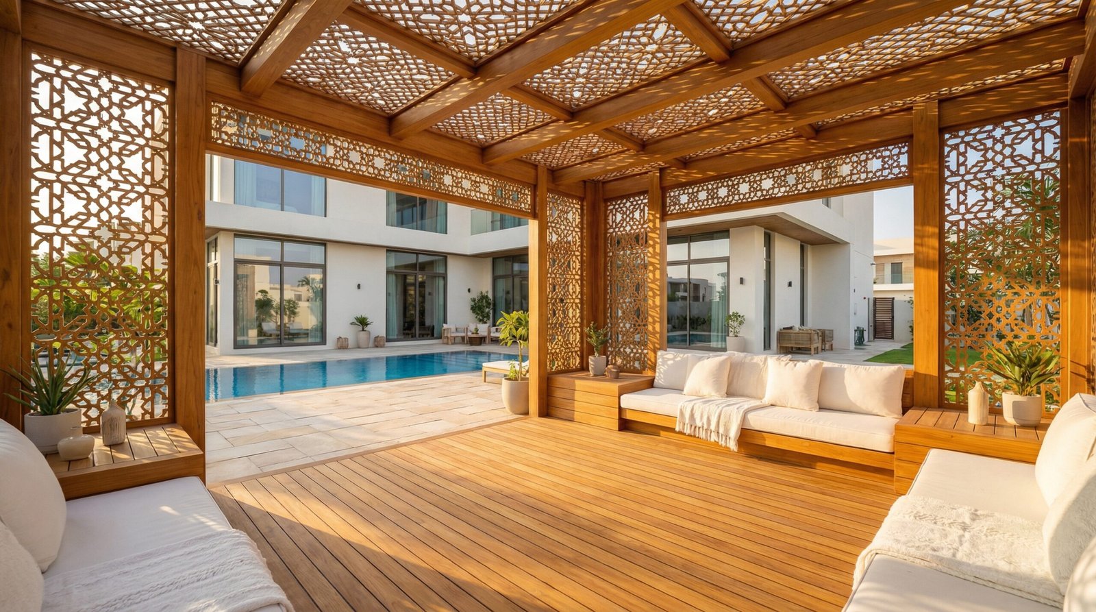 Outdoor carpentry Dubai - custom pergola and teak deck installation at luxury villa