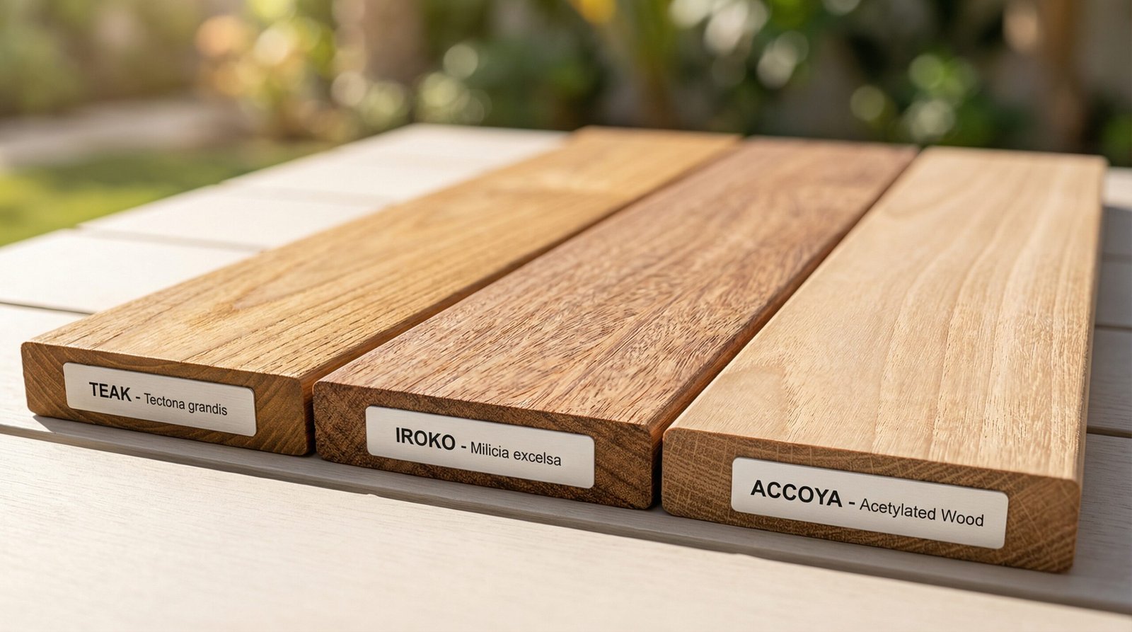 Comparison of teak, iroko, and accoya wood species for outdoor carpentry in Dubai UAE climate