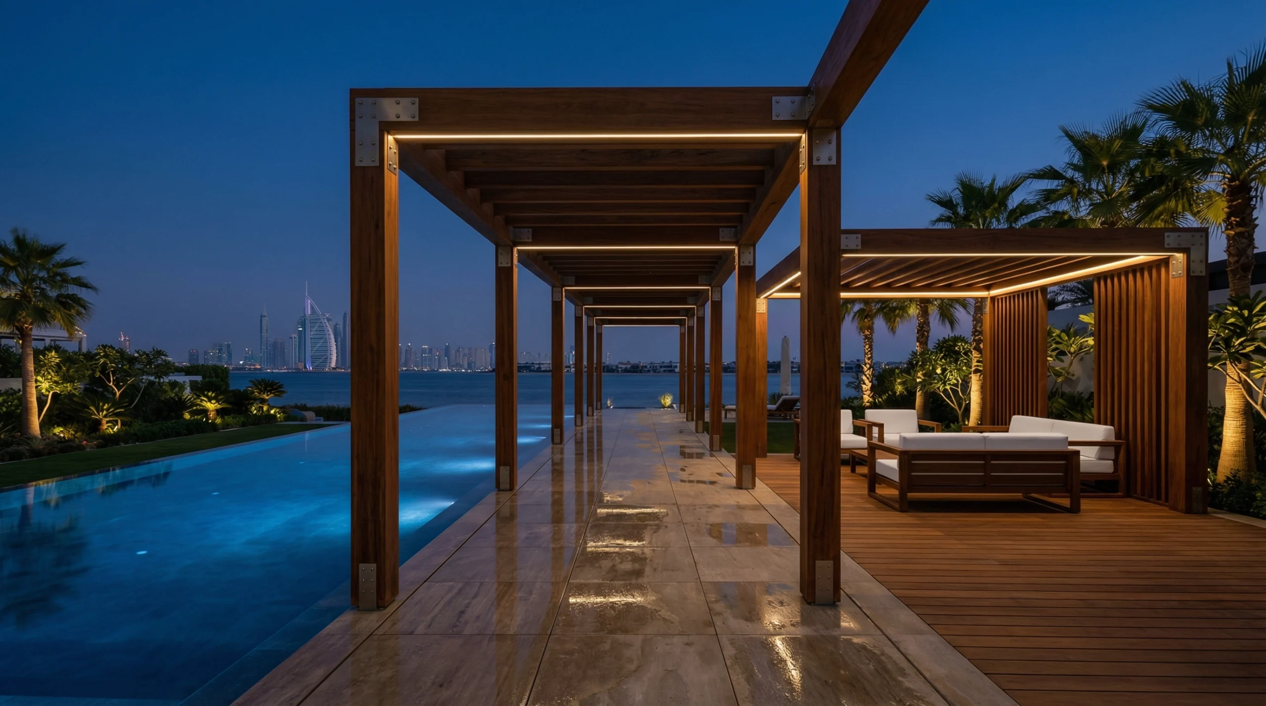 Palm Jumeirah villa pool pergola and cabana structure built by Karnak Carpentry