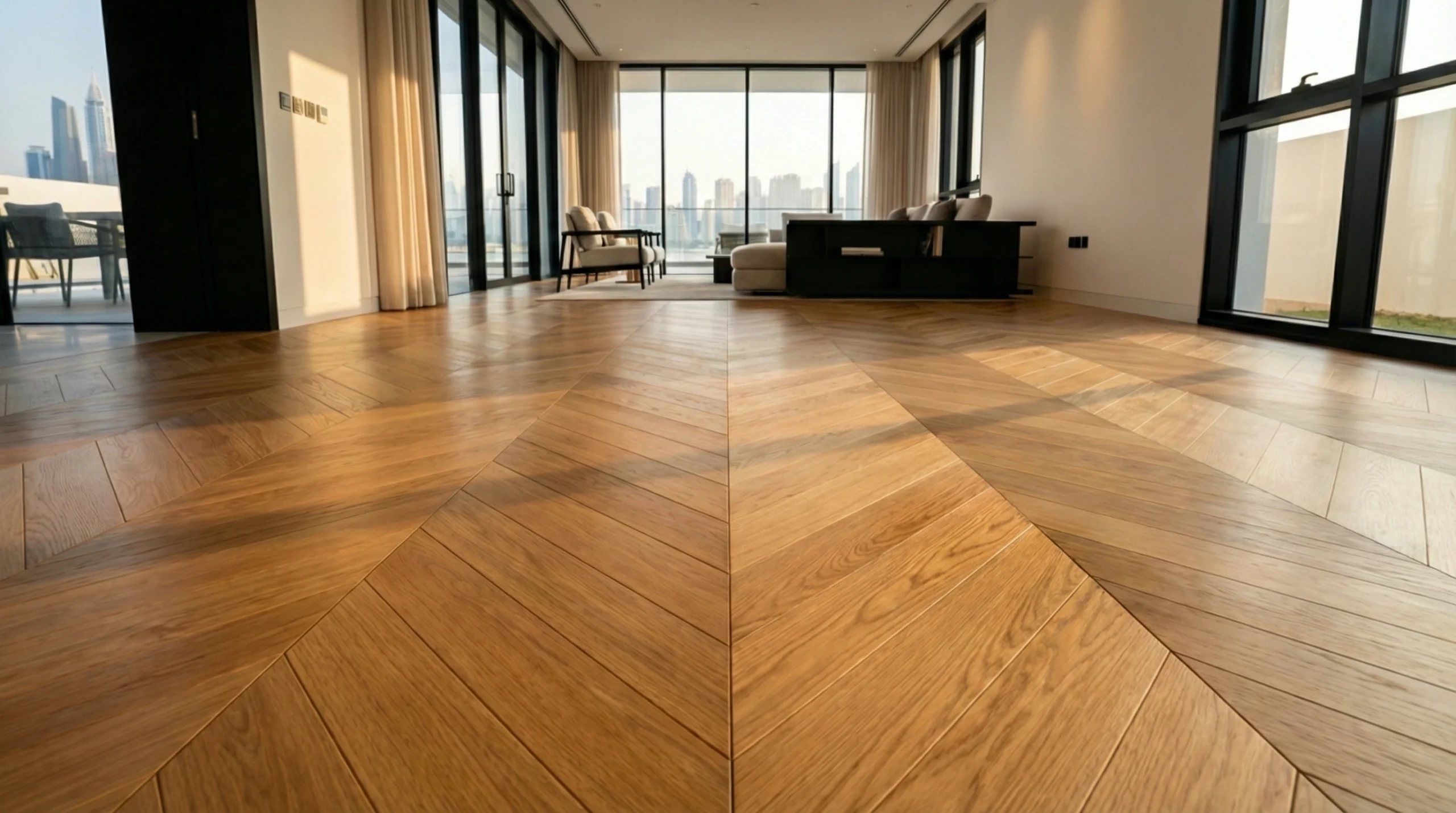 Professional parquet flooring installation in luxury Dubai villa by Karnak Carpentry