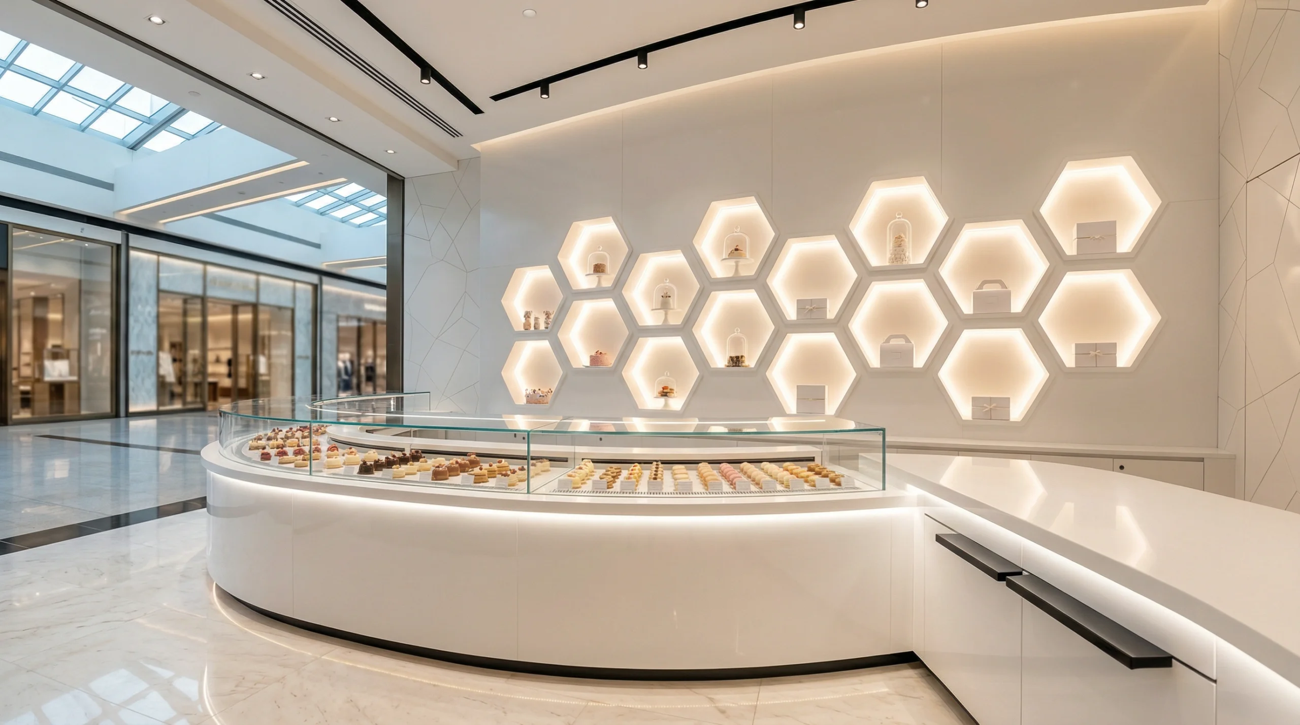 Custom patisserie display counter and retail carpentry Dubai mall — Karnak Carpentry
