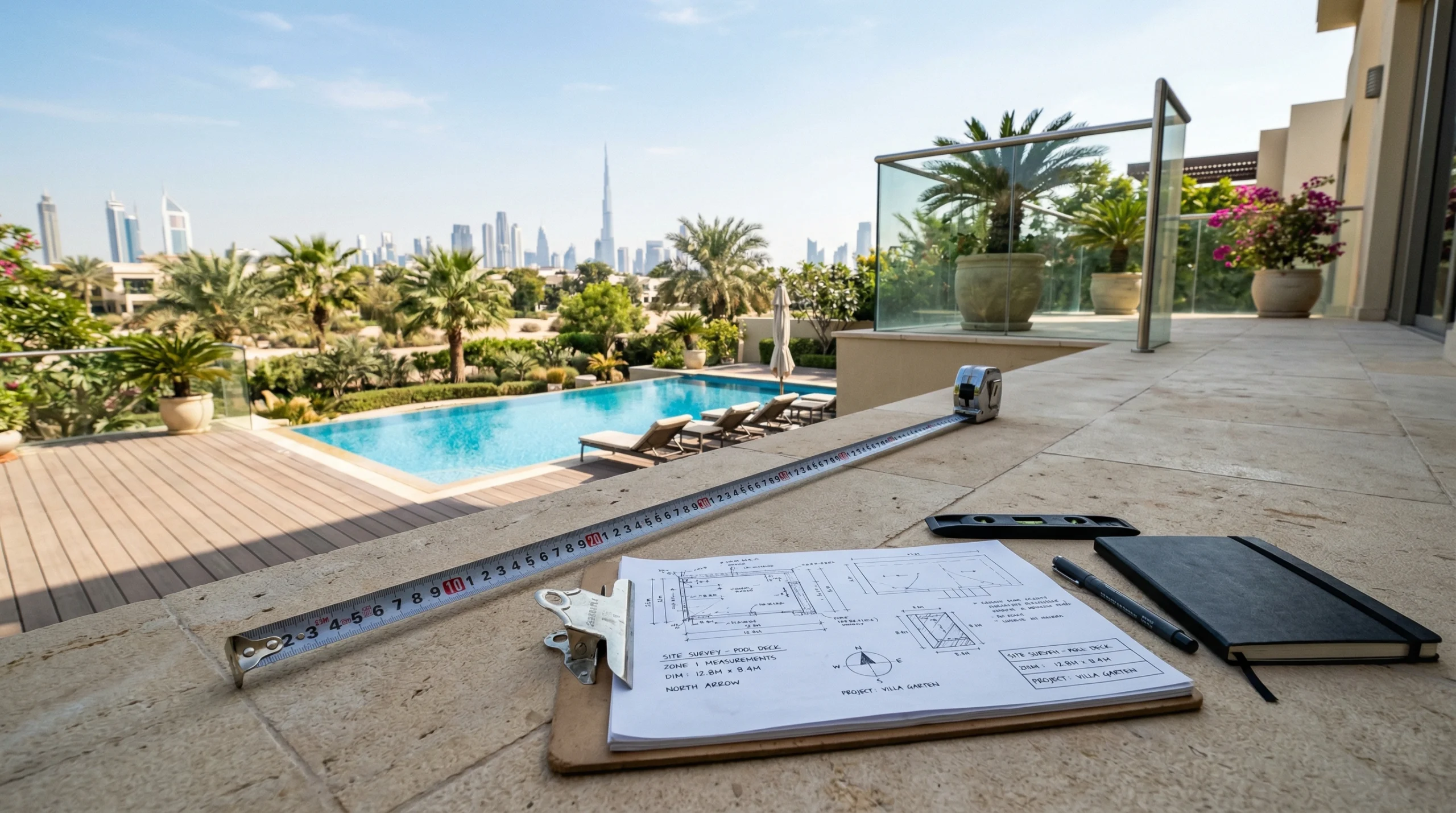 Karnak Carpentry site consultation for pergola project in Dubai villa