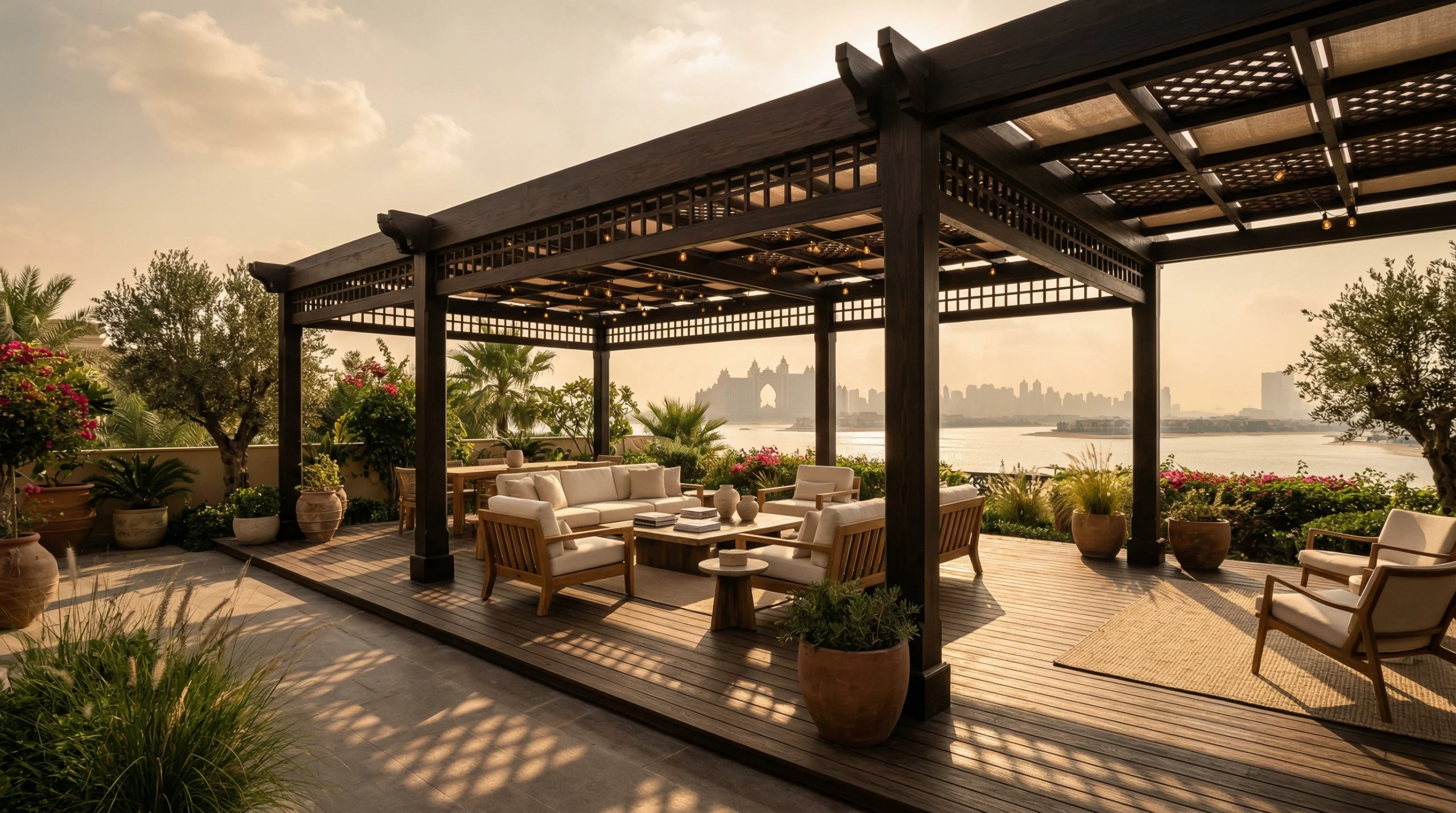 Custom timber pergola installation on Dubai villa terrace by Karnak Carpentry