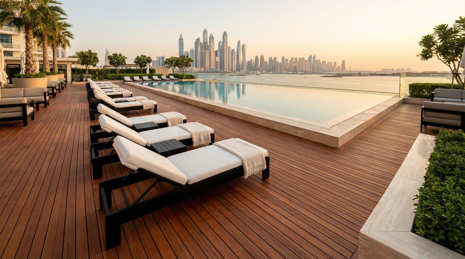 Poolside teak deck installation Dubai - custom outdoor carpentry by Karnak