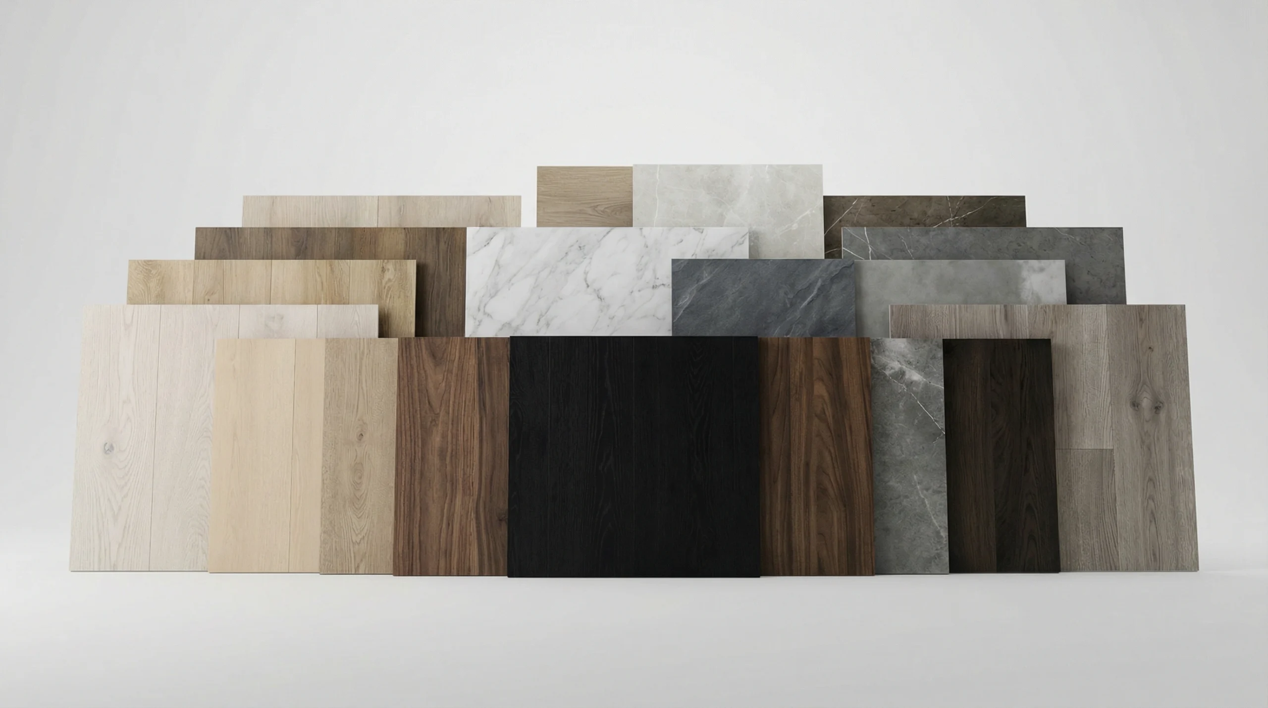 Selection of premium LVT flooring materials showing wood and stone pattern options