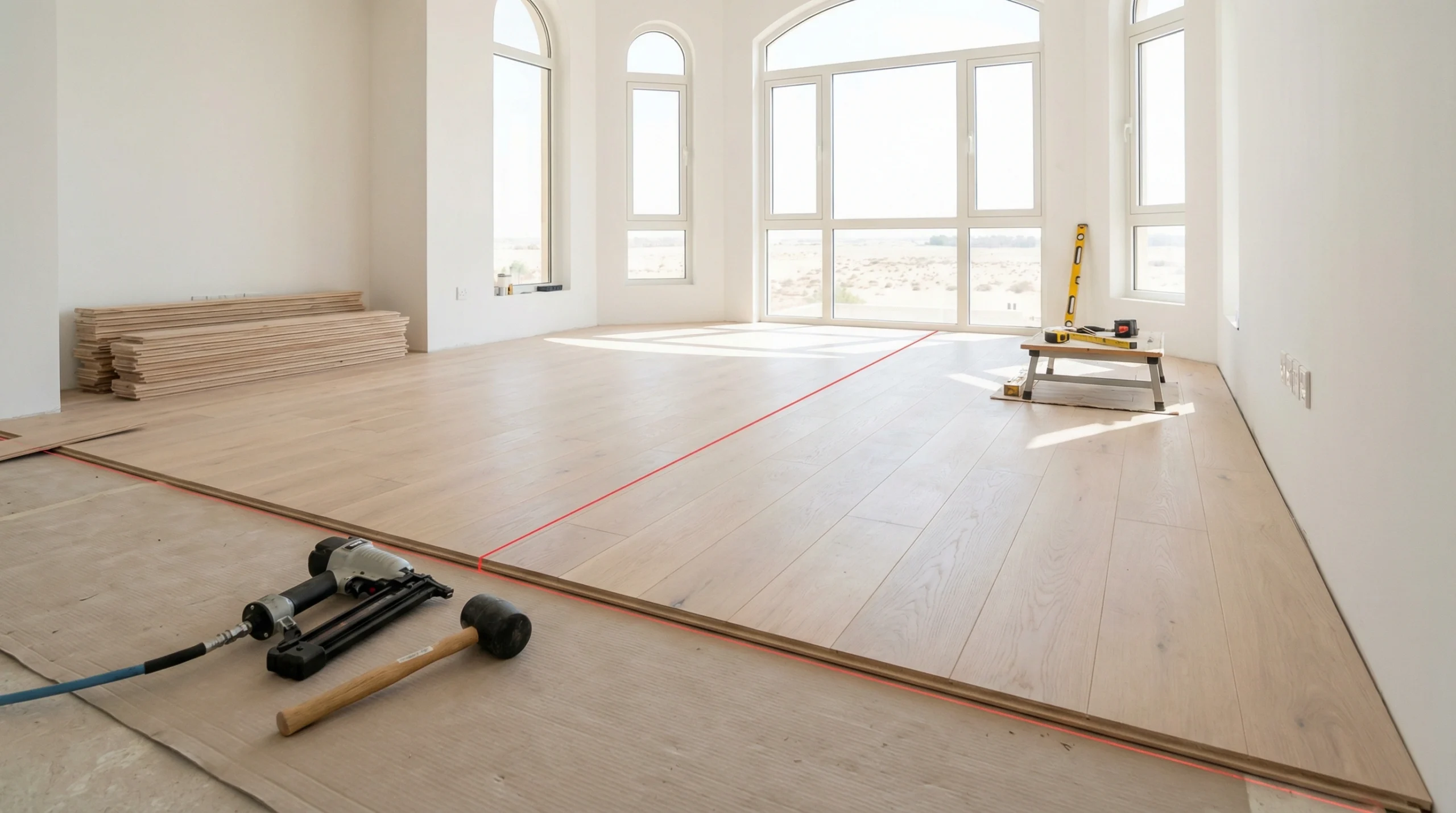 Professional flooring installation team installing engineered hardwood in Dubai villa