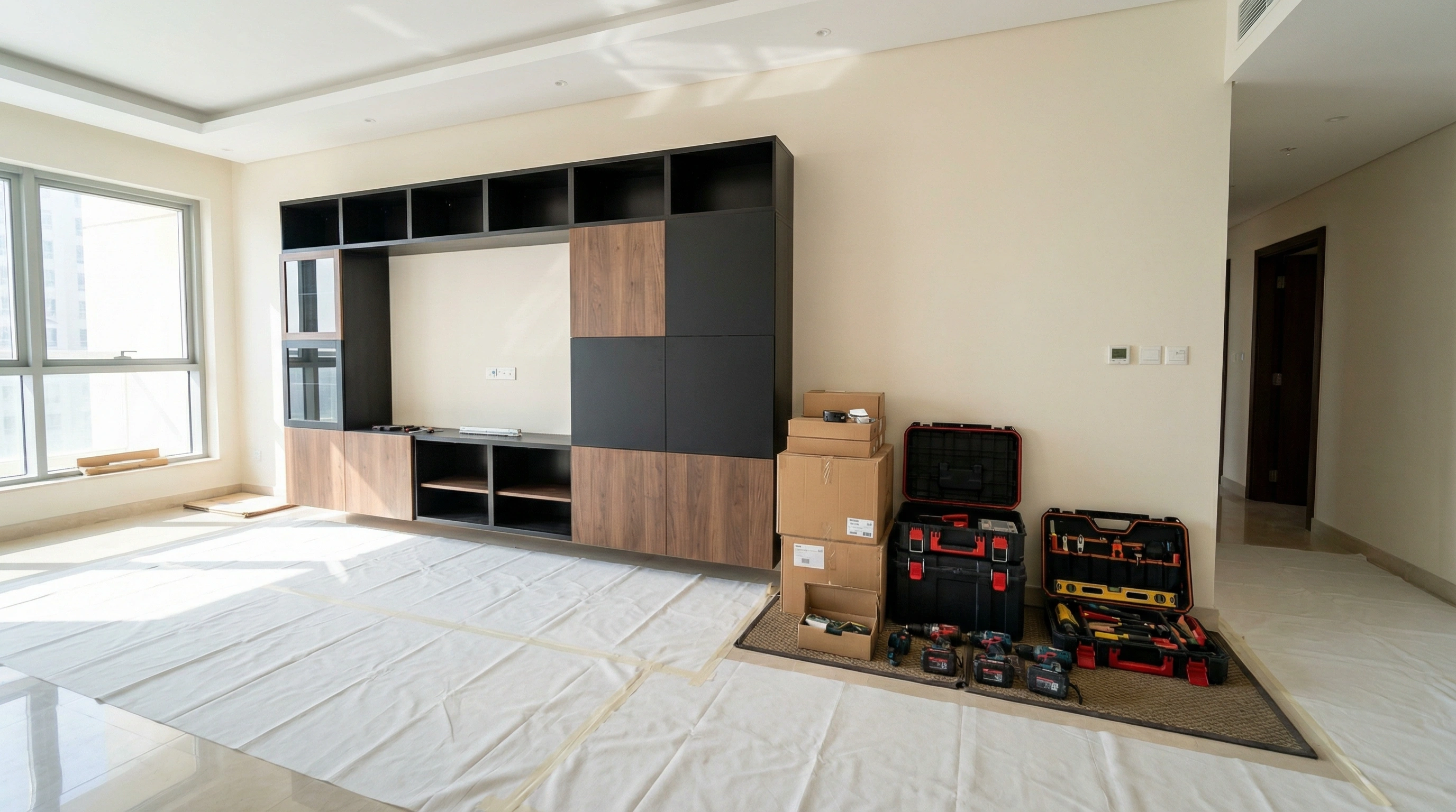 Professional TV units Dubai installation team at work