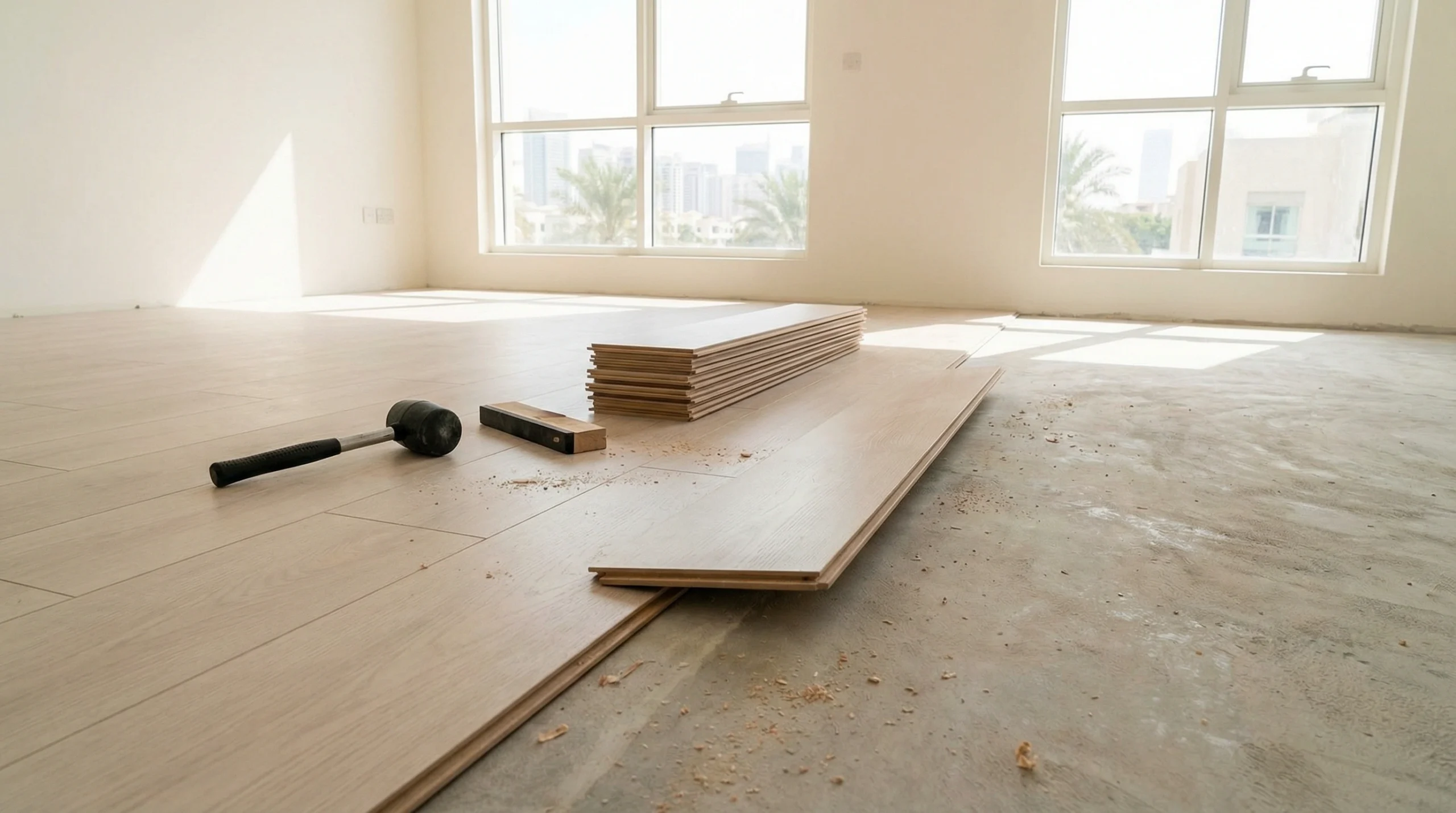 Expert installation team installing laminate flooring in Dubai villa