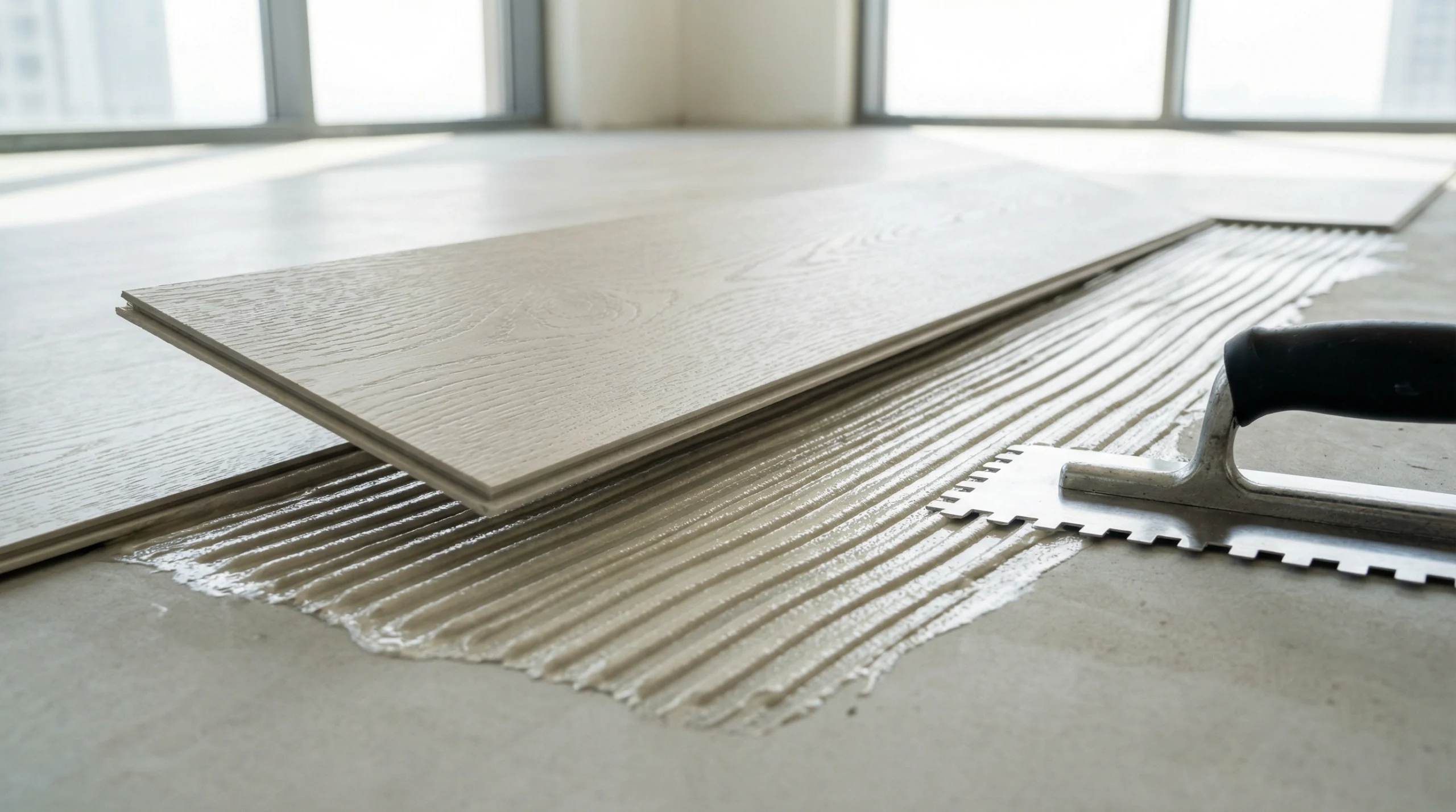 Expert LVT flooring installation technique showing proper adhesive application and plank placement