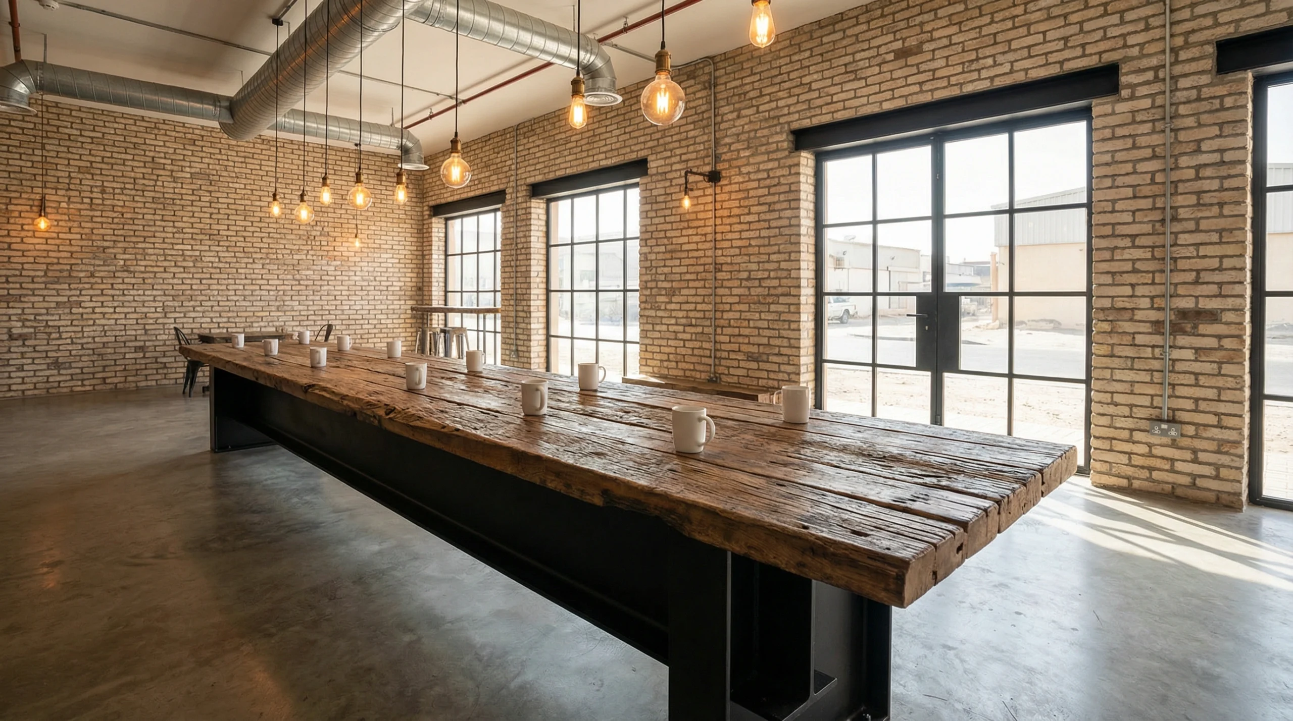 Custom reclaimed wood communal dining table for café Al Quoz Dubai