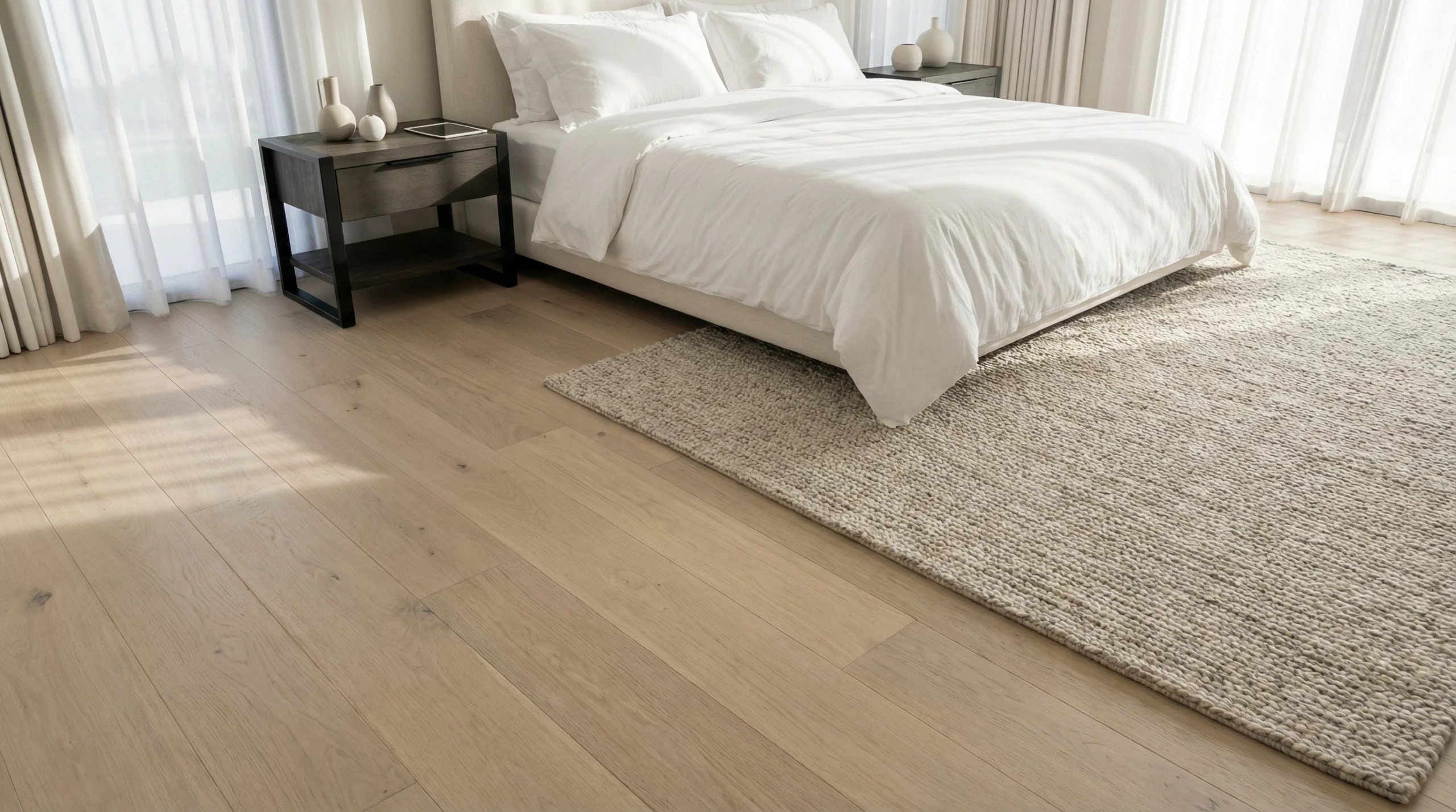 Residential flooring installation Dubai showing engineered oak in luxury villa bedroom
