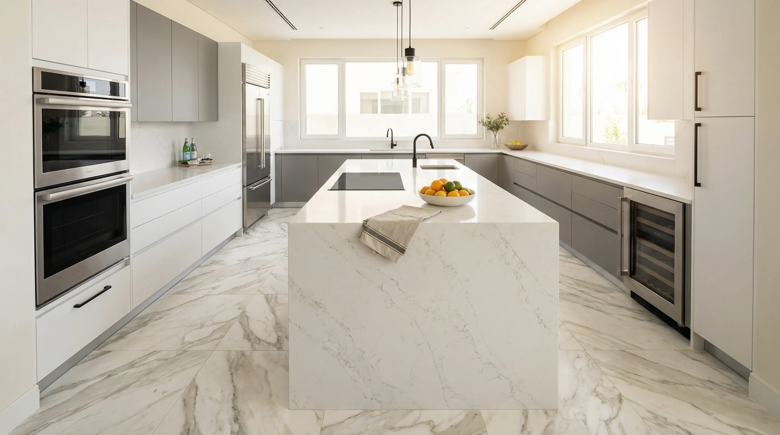 Luxury vinyl tile flooring in modern Dubai kitchen with realistic marble pattern