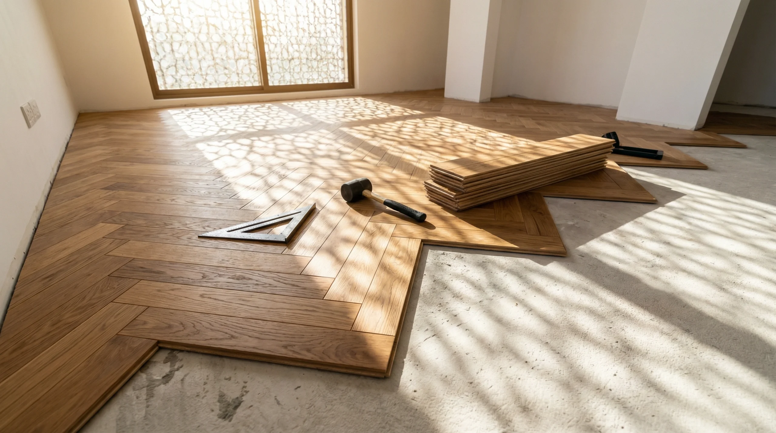 Expert residential parquet flooring installation in Dubai villa bedroom