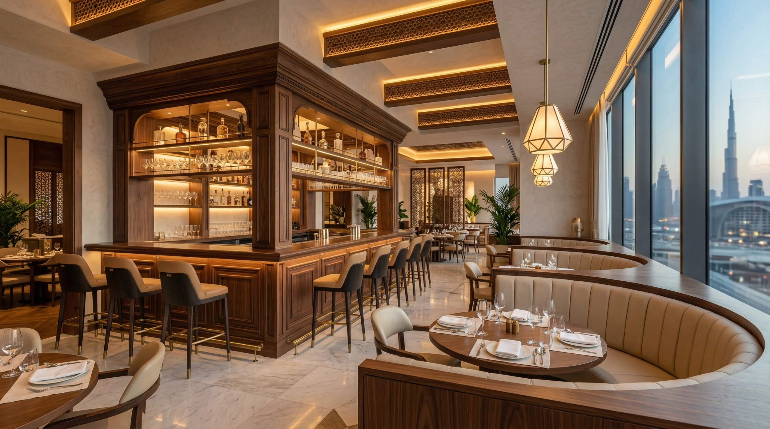 Restaurant carpentry Dubai — custom bar, banquette seating and wall millwork by Karnak Carpentry