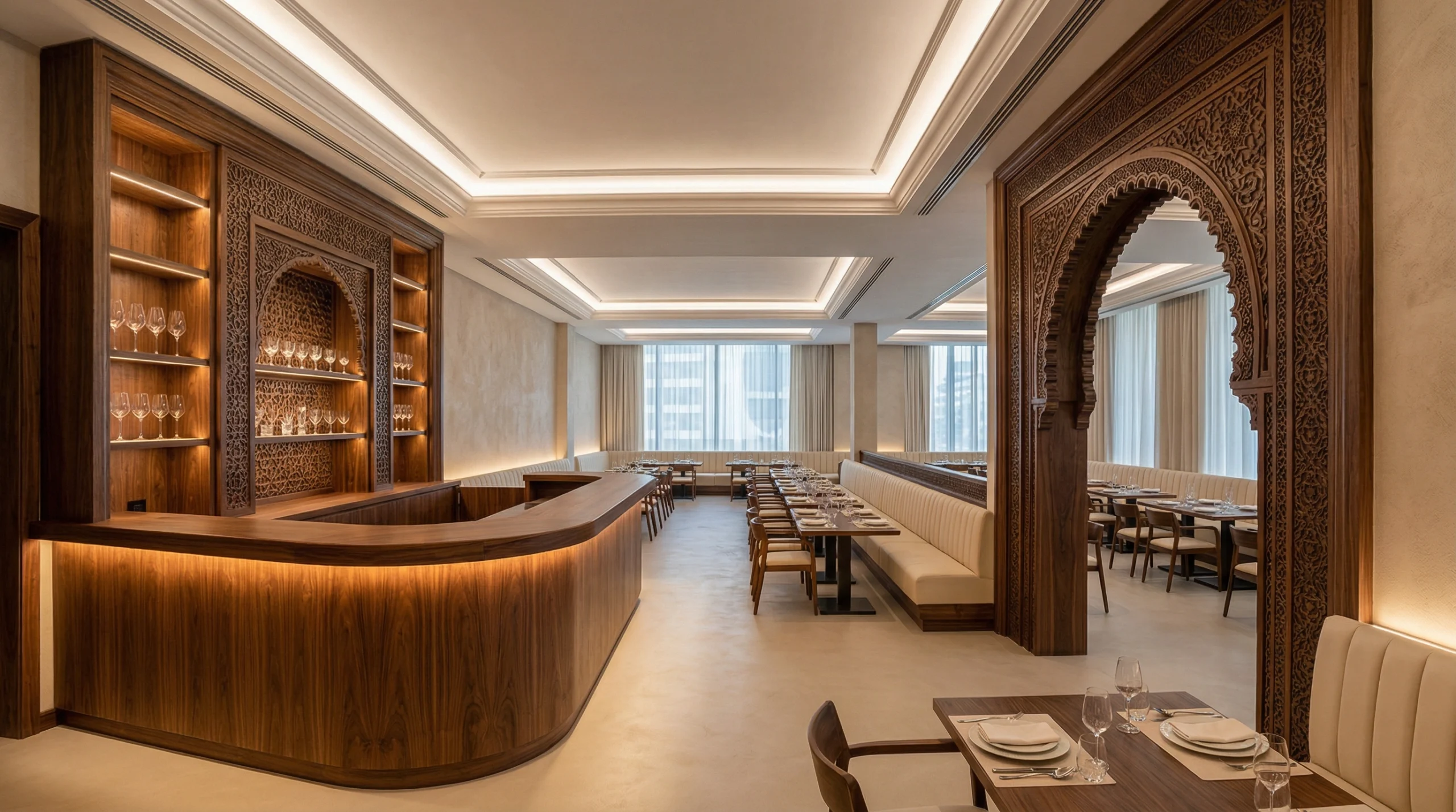 Custom restaurant carpentry and fit-out, JBR Dubai — Karnak Carpentry project