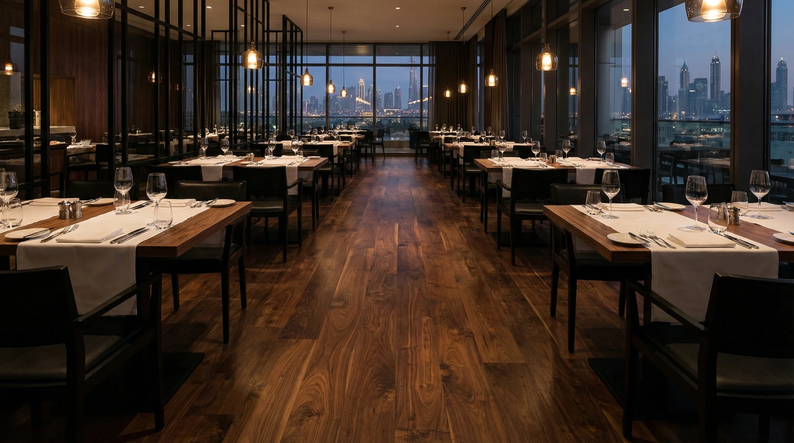 Commercial restaurant flooring installation Dubai showing engineered walnut in upscale dining space