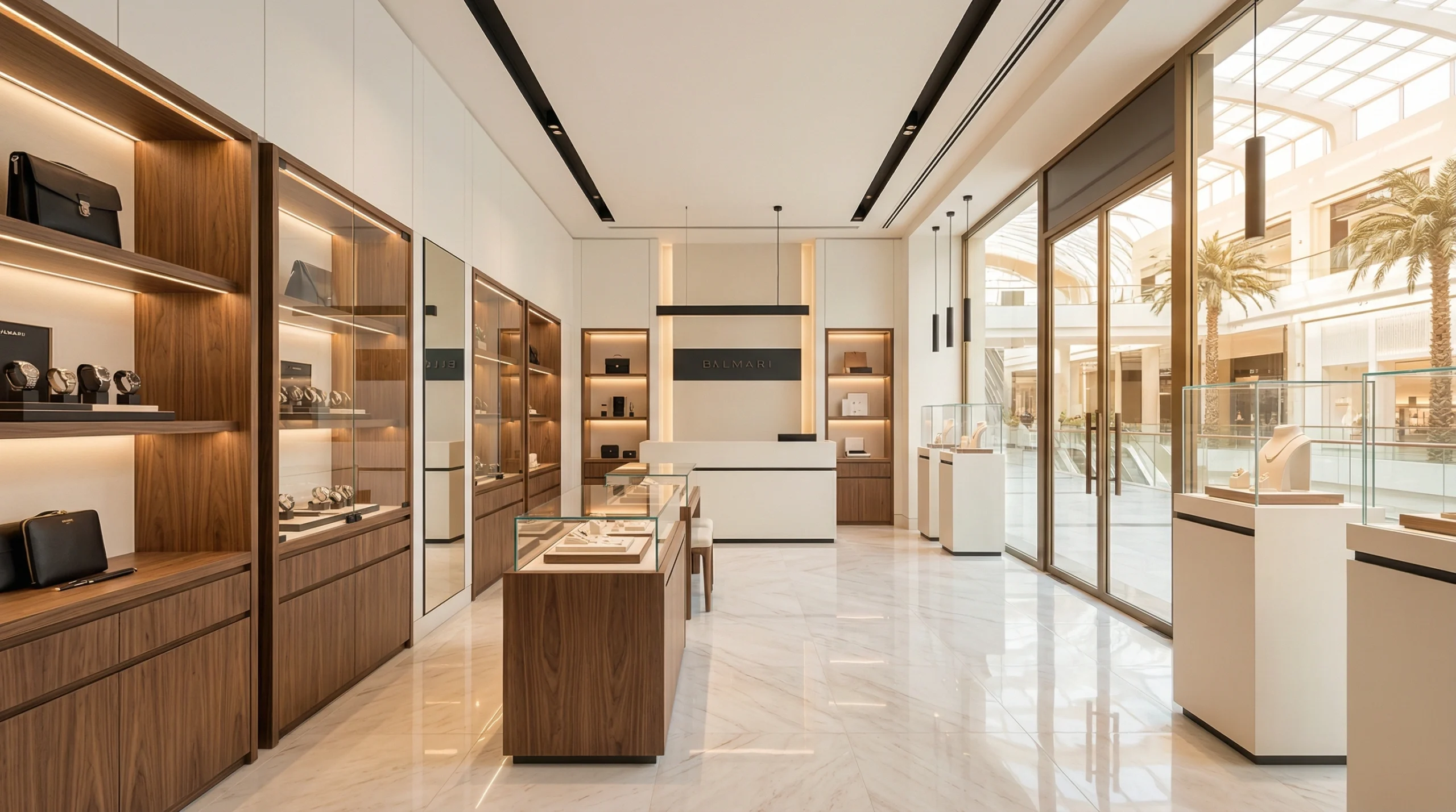 Retail shop fitting Dubai — bespoke walnut display units and luxury boutique interior by Karnak Carpentry