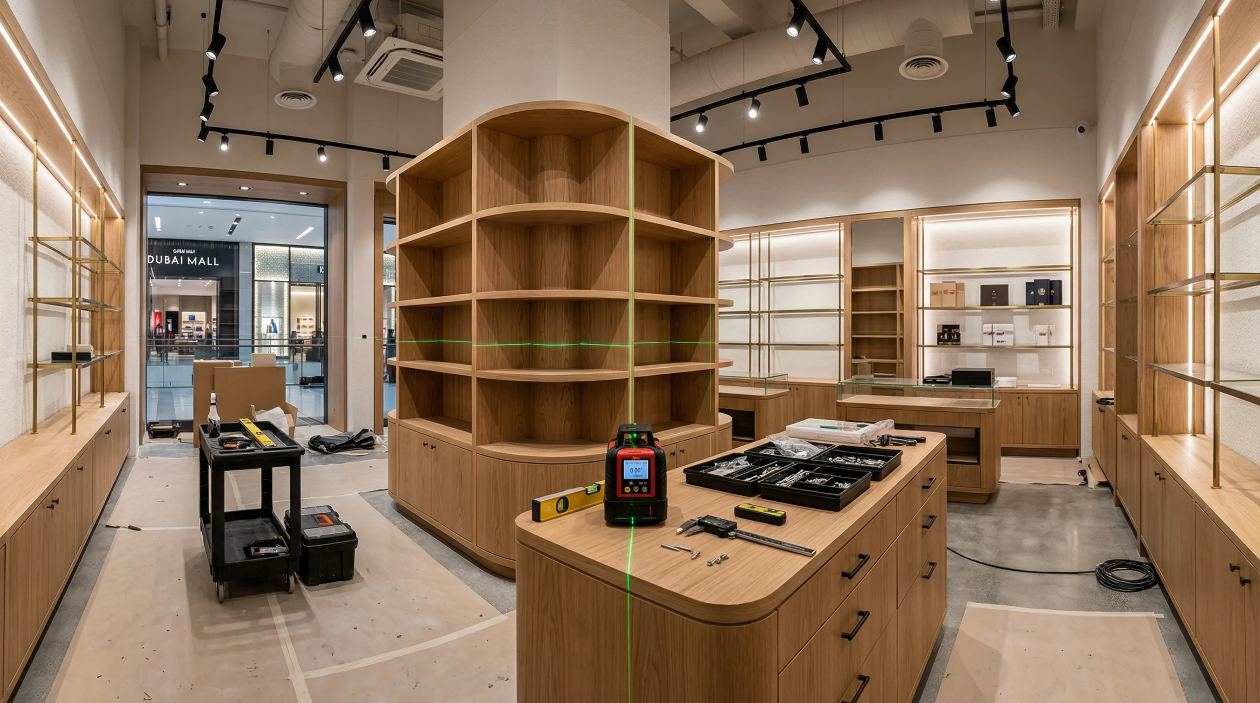 Retail shop fitting installation in Dubai mall — Karnak Carpentry site team at work