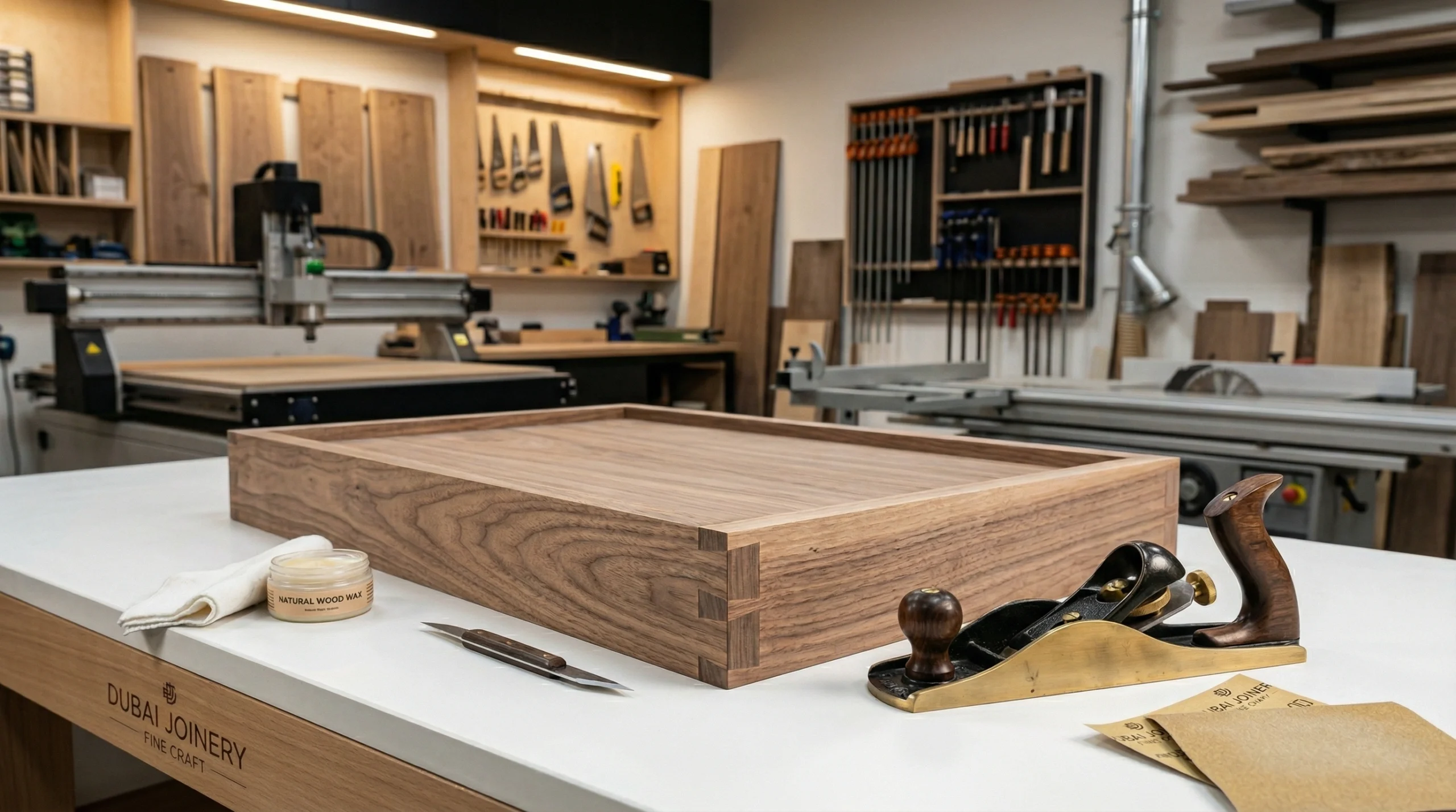 Karnak craftsman finishing custom retail display cabinet in Dubai workshop — bespoke shop fitting UAE