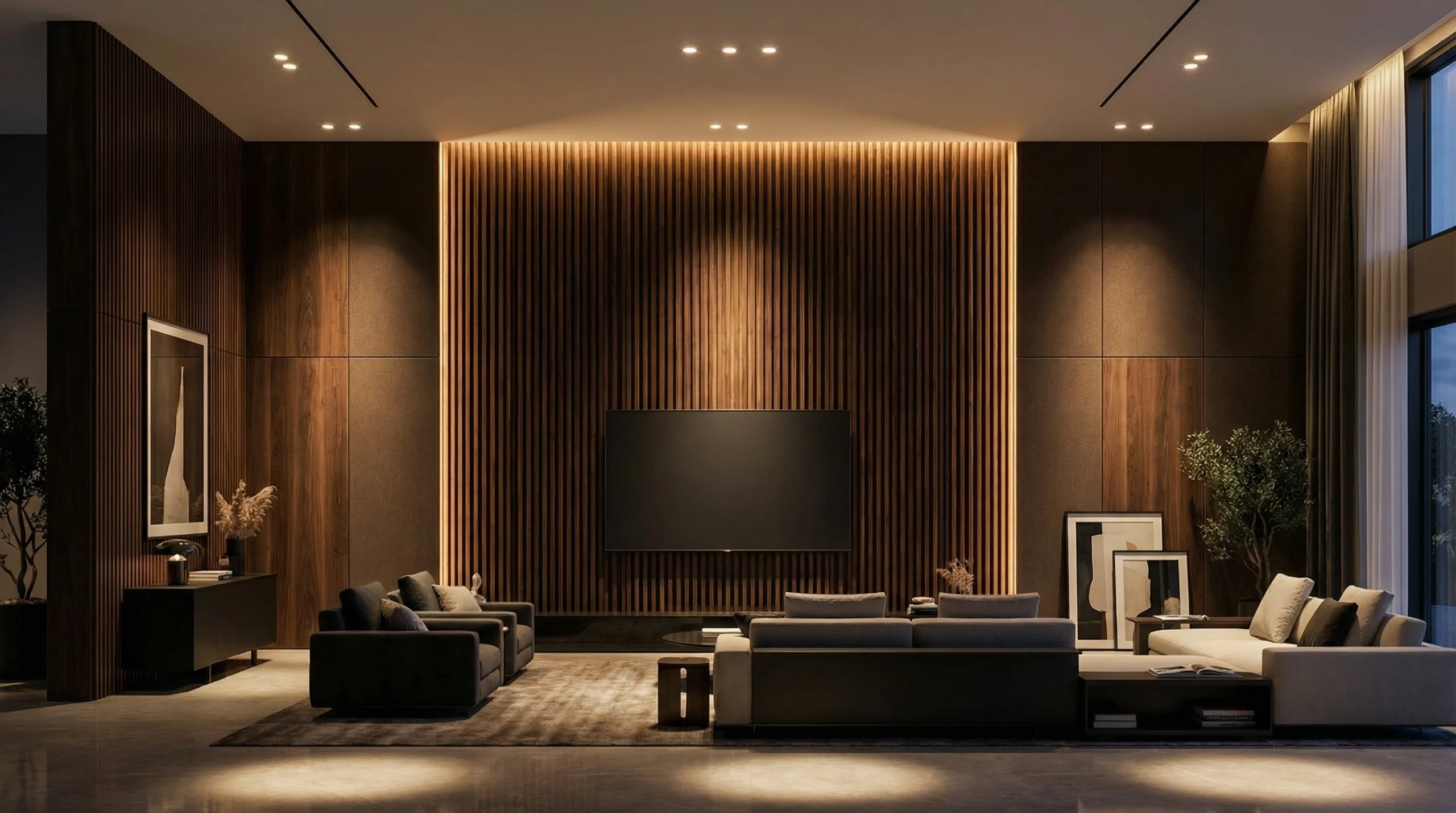 Custom slatted wood feature wall living room carpentry Dubai